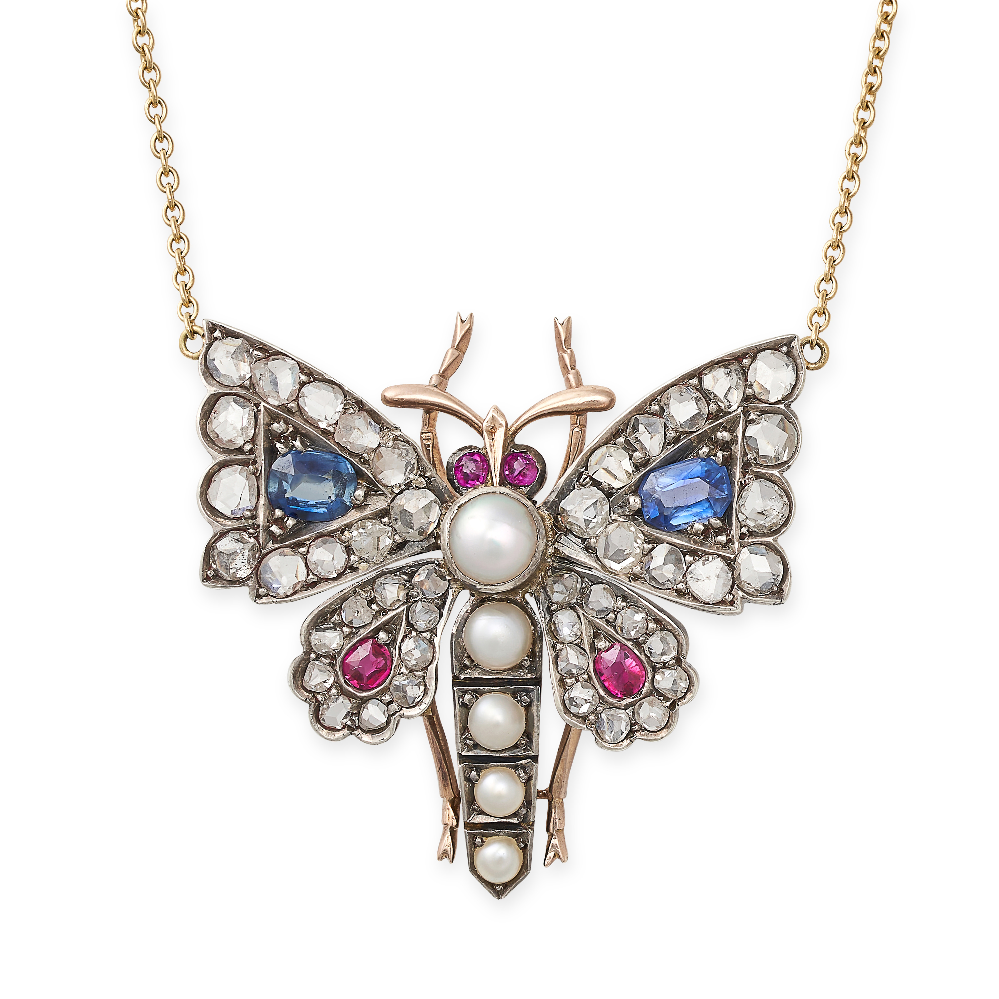 AN ANTIQUE SAPPHIRE, RUBY, DIAMOND AND PEARL BUTTERFLY PENDANT NECKLACE, 19TH CENTURY AND LATER i... - Image 2 of 2