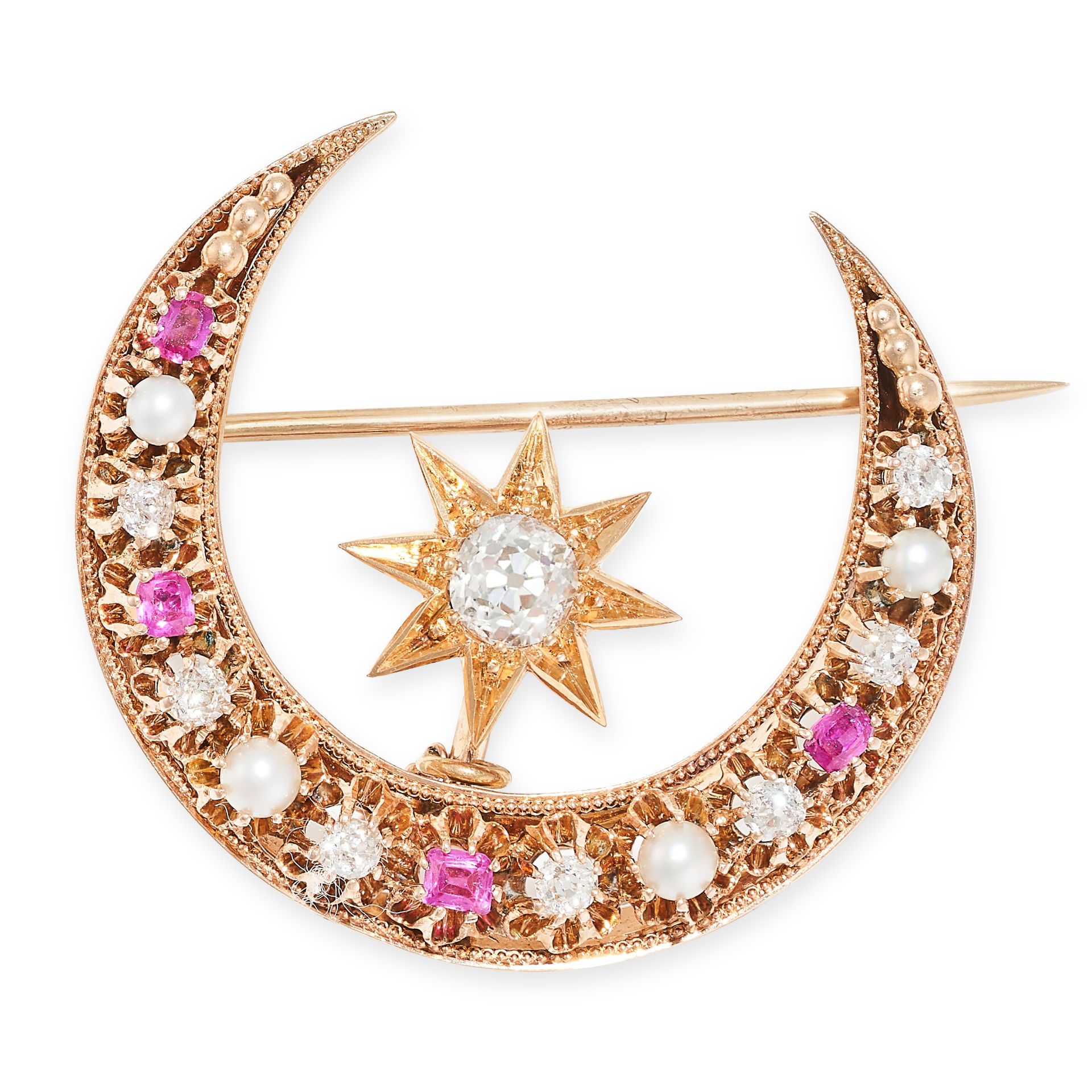 AN ANTIQUE DIAMOND, RUBY AND PEARL CRESCENT MOON BROOCH in 14ct rose gold, designed as a crescent...