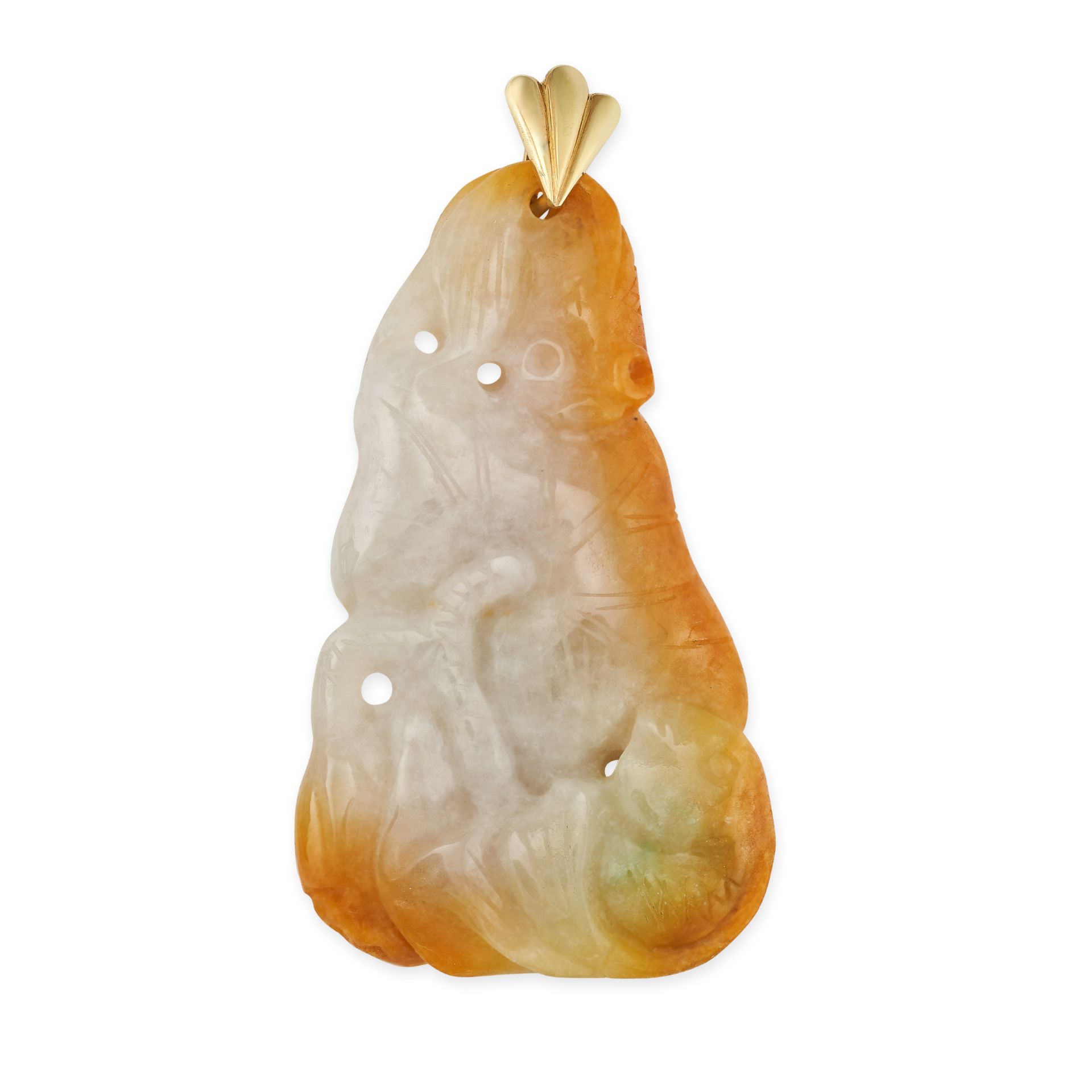 A JADEITE JADE PENDANT in yellow gold, the pendant formed of a piece of mottled orange jade carve...