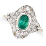 AN EMERALD AND DIAMOND RING in 18ct yellow gold, the navette face set with an oval cut emerald ac...