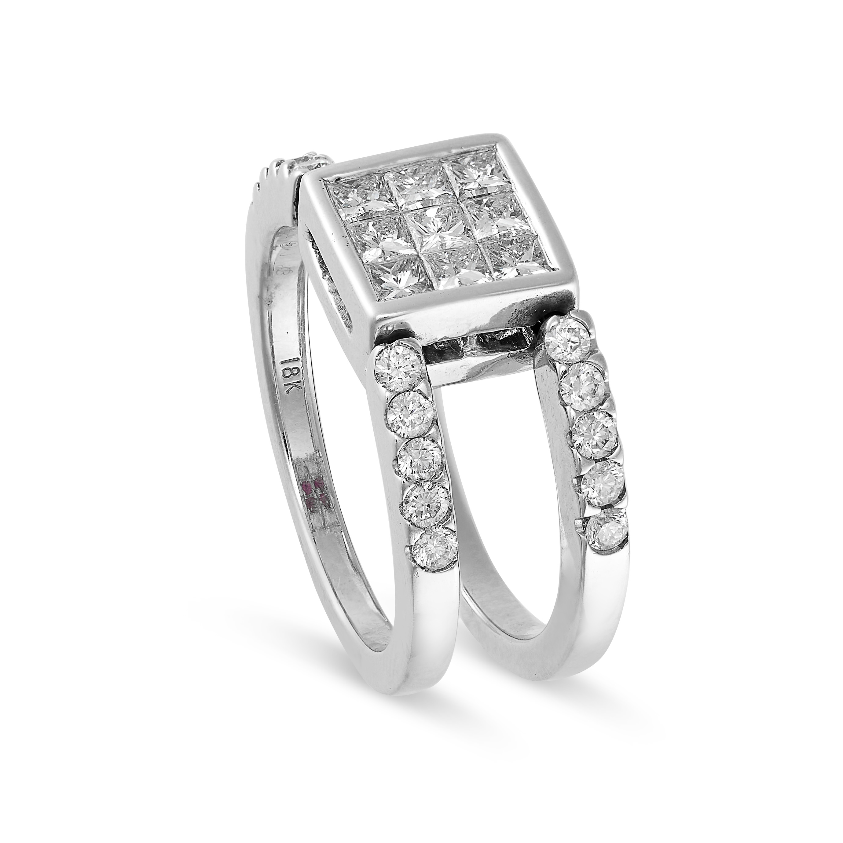 A REVERSIBLE RUBY AND DIAMOND RING in 18ct white gold, the square face set to one side with round... - Image 3 of 4