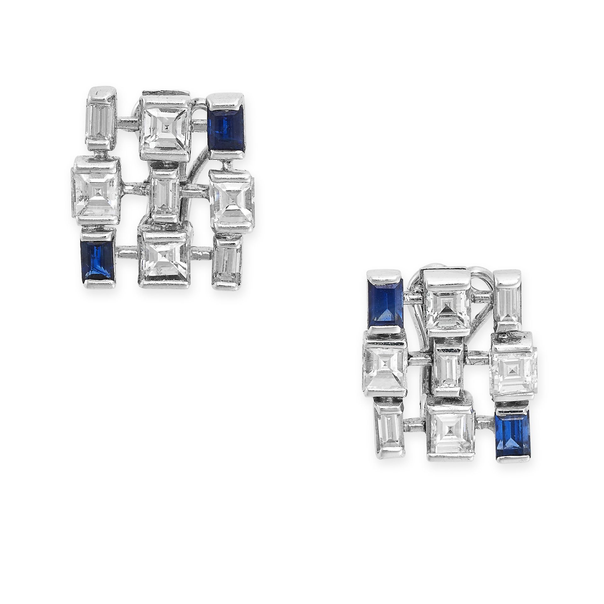 A PAIR OF SAPPHIRE AND DIAMOND CLIP EARRINGS in white gold, each set with baguette cut diamonds, ...