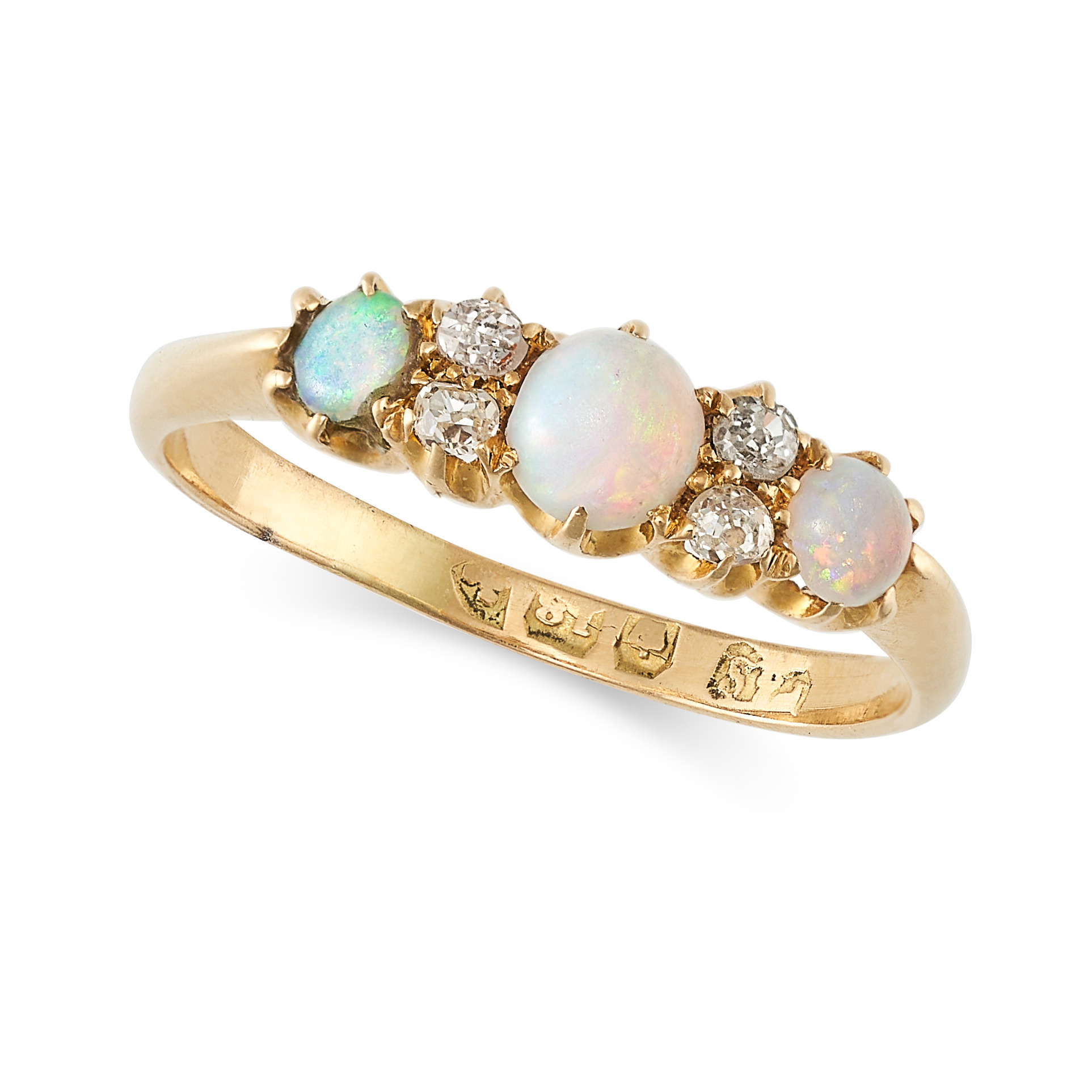 AN ANTIQUE OPAL AND DIAMOND RING in 18ct yellow gold, set with three cabochon opals accented by o...