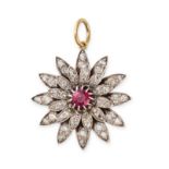 AN ANTIQUE VICTORIAN DIAMOND AND RUBY FLOWER PENDANT, 19TH CENTURY in yellow gold and silver, set...