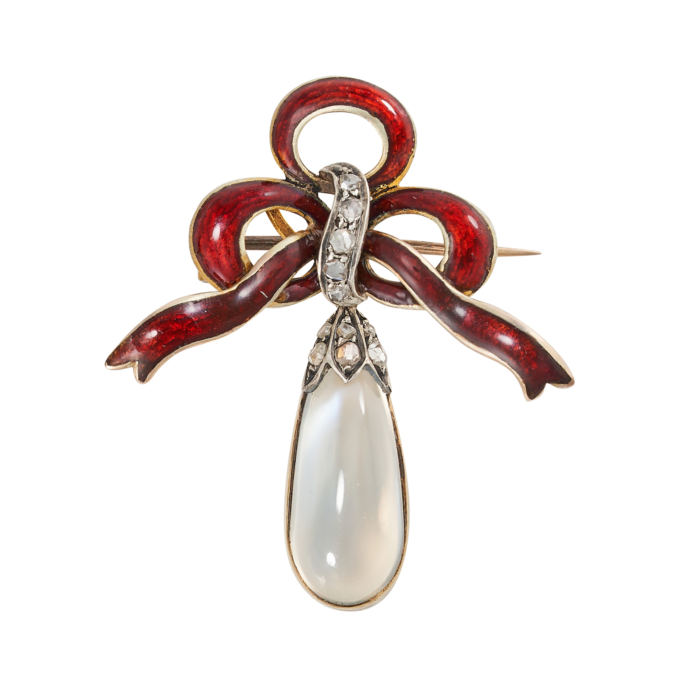 AN ANTIQUE MOONSTONE, DIAMOND AND ENAMEL BROOCH, 19TH CENTURY in yellow gold and silver, designed...