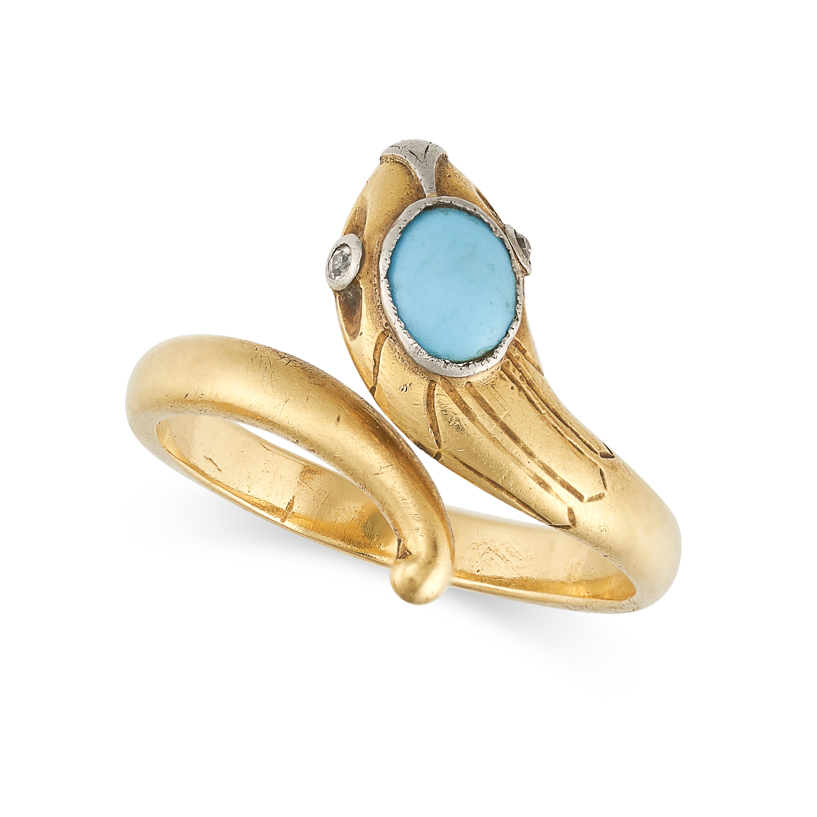 AN ANTIQUE TURQUOISE AND DIAMOND SNAKE RING in yellow gold, designed as a coiled snake, set with ...