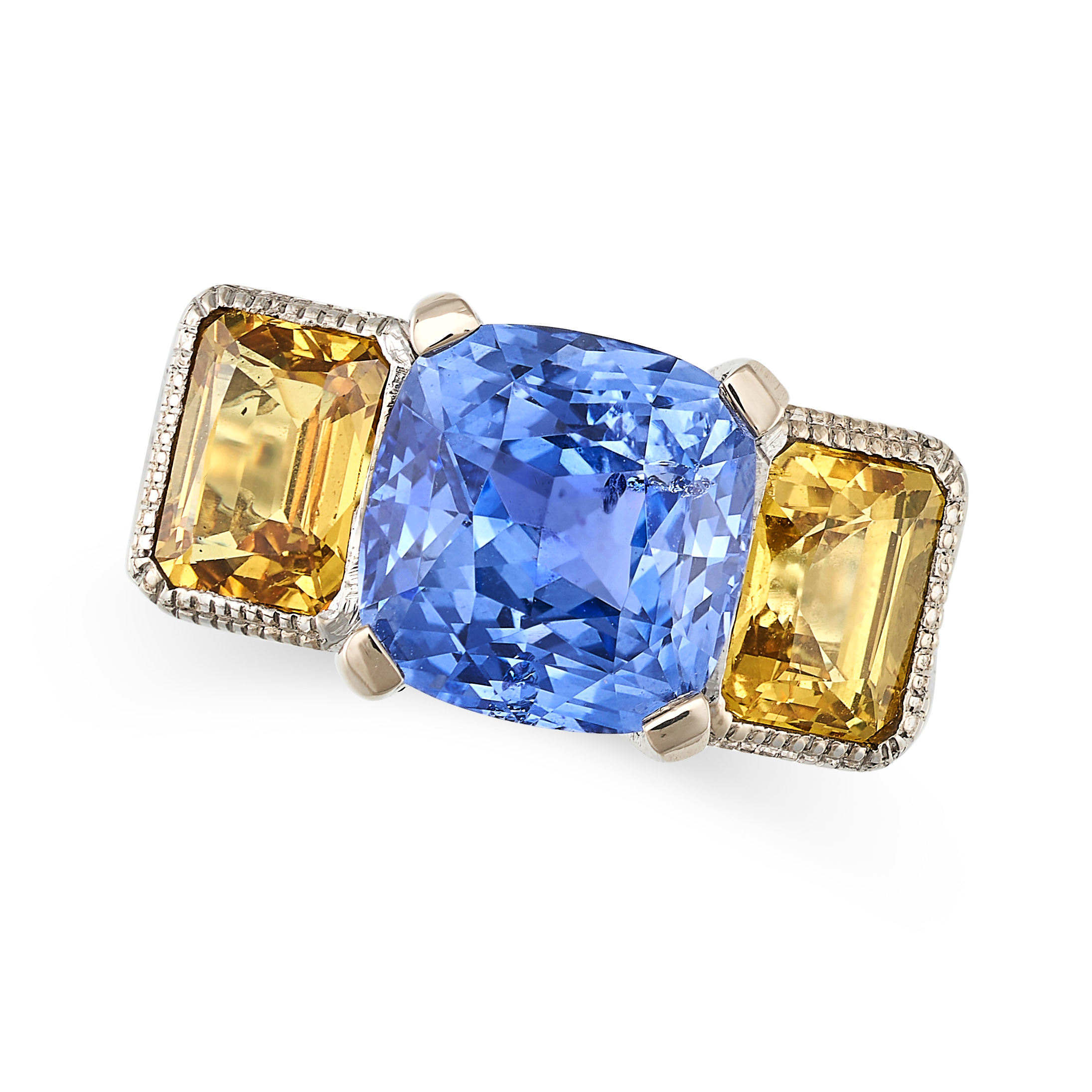 A SAPPHIRE THREE STONE RING in 18ct white gold, set with a cushion cut blue sapphire of approxima... - Image 2 of 4