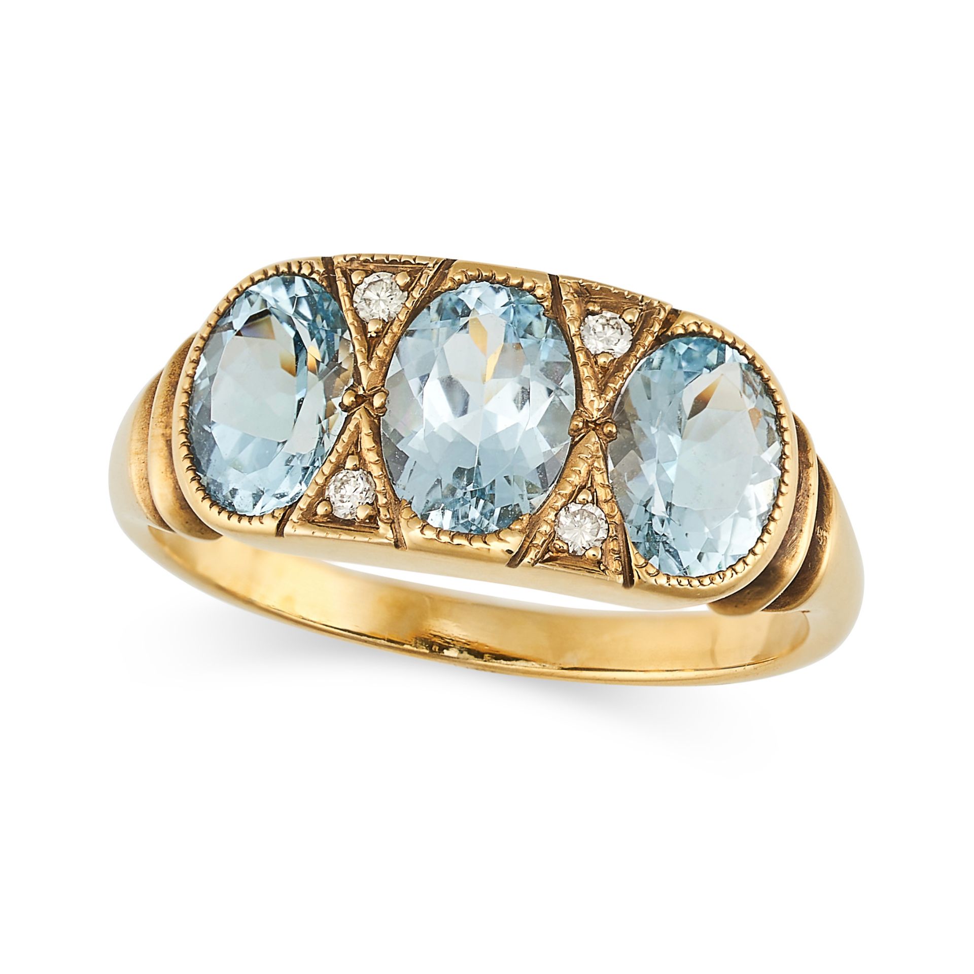 AN AQUAMARINE AND DIAMOND RING in yellow gold, set with three oval cut aquamarines accented by ro...