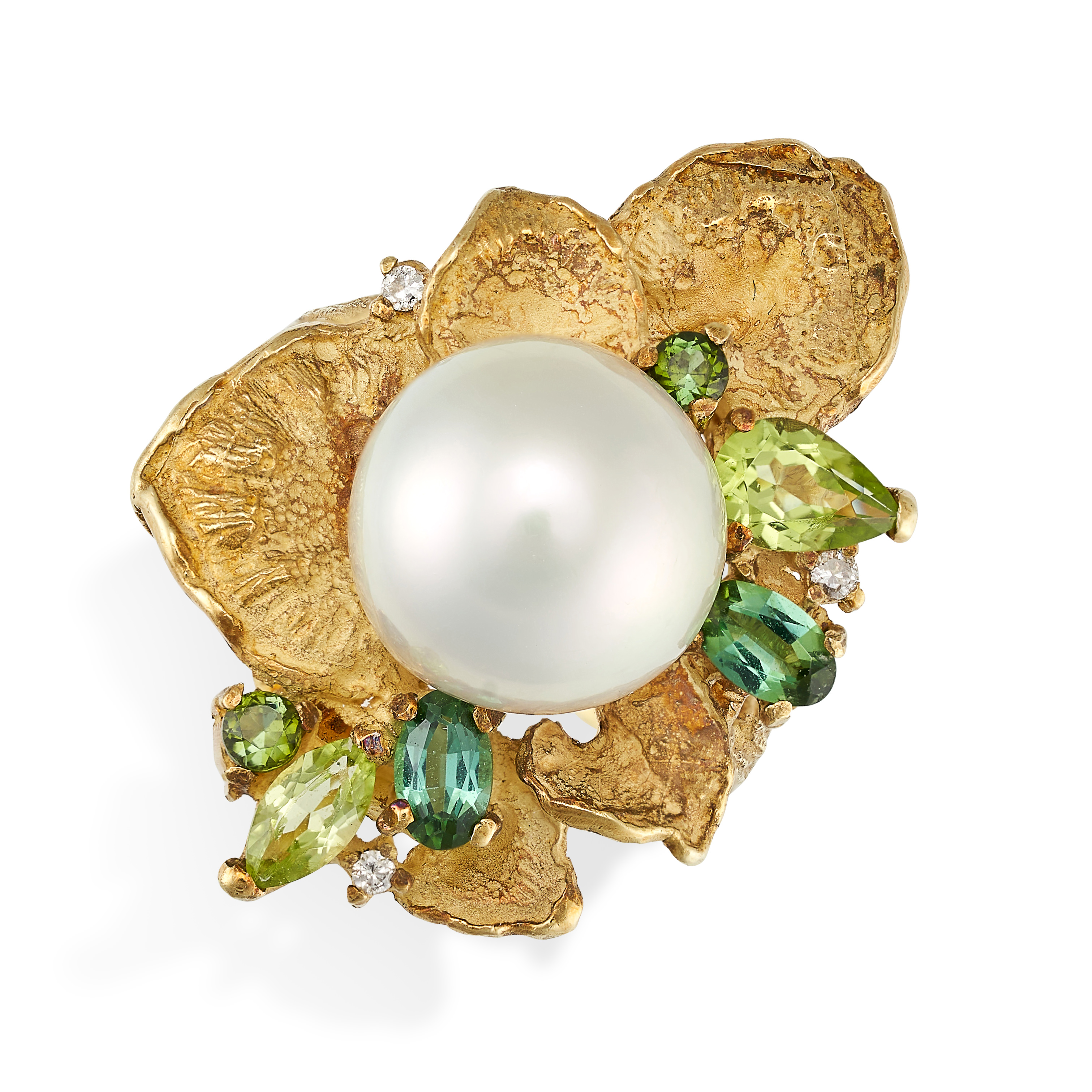 A PEARL, DIAMOND, TOURMALINE AND PERIDOT RING in 18ct yellow gold, designed as a stylised flower,... - Image 4 of 4