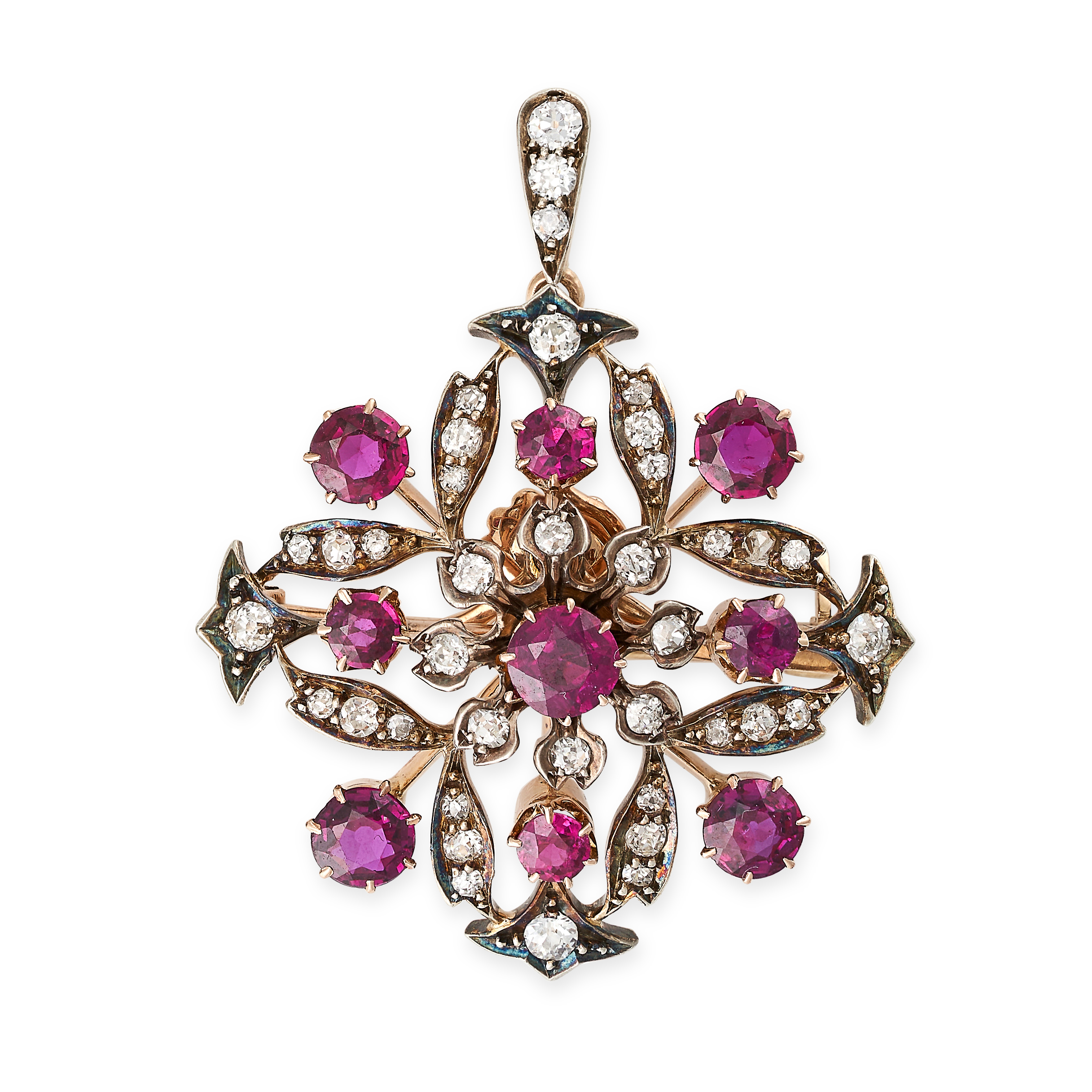 AN ANTIQUE VICTORIAN RUBY AND DIAMOND BROOCH / PENDANT, 19TH CENTURY in yellow gold and silver, s...