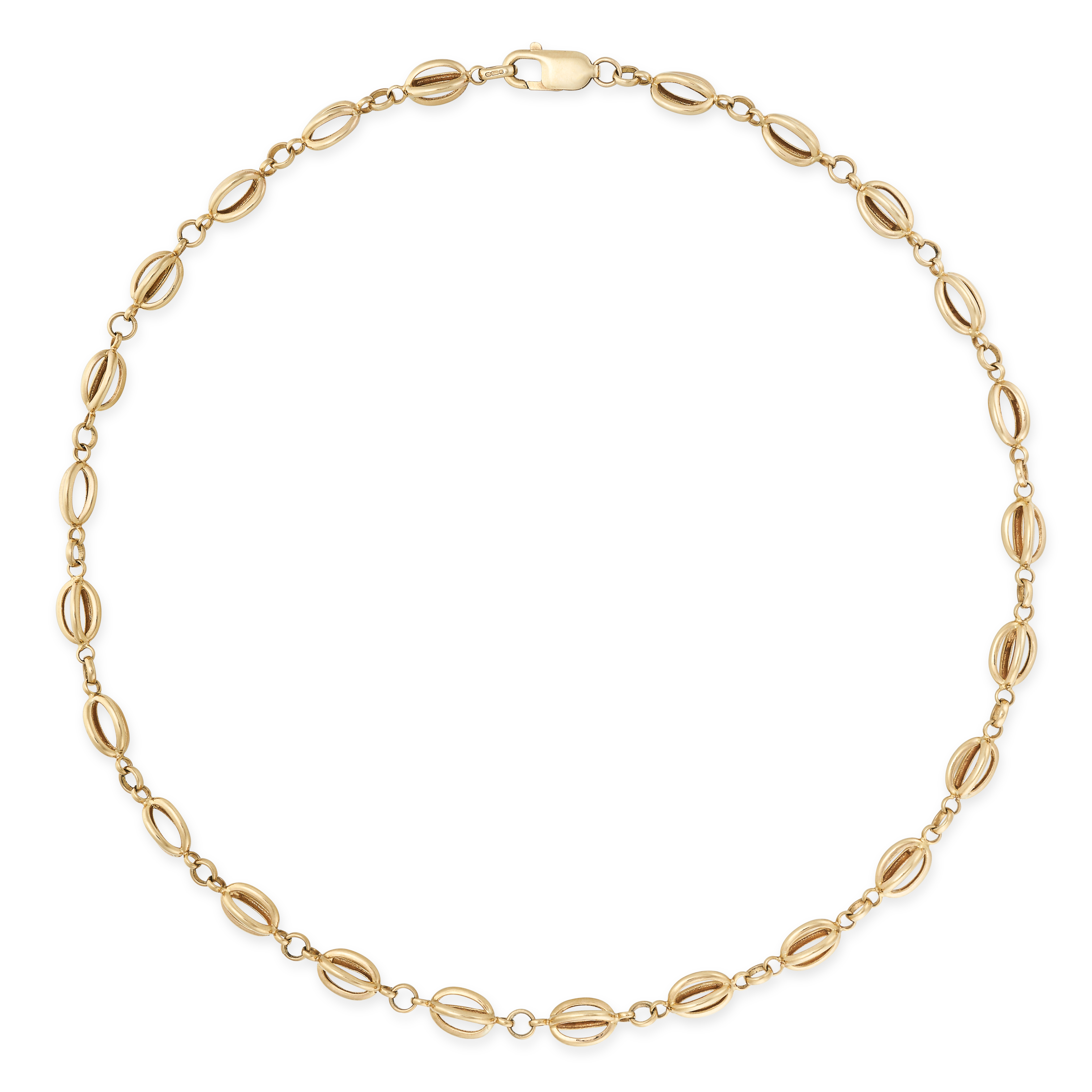 A VINTAGE GOLD NECKLACE in 9ct yellow gold, comprising a single row of open oval fancy links acce...