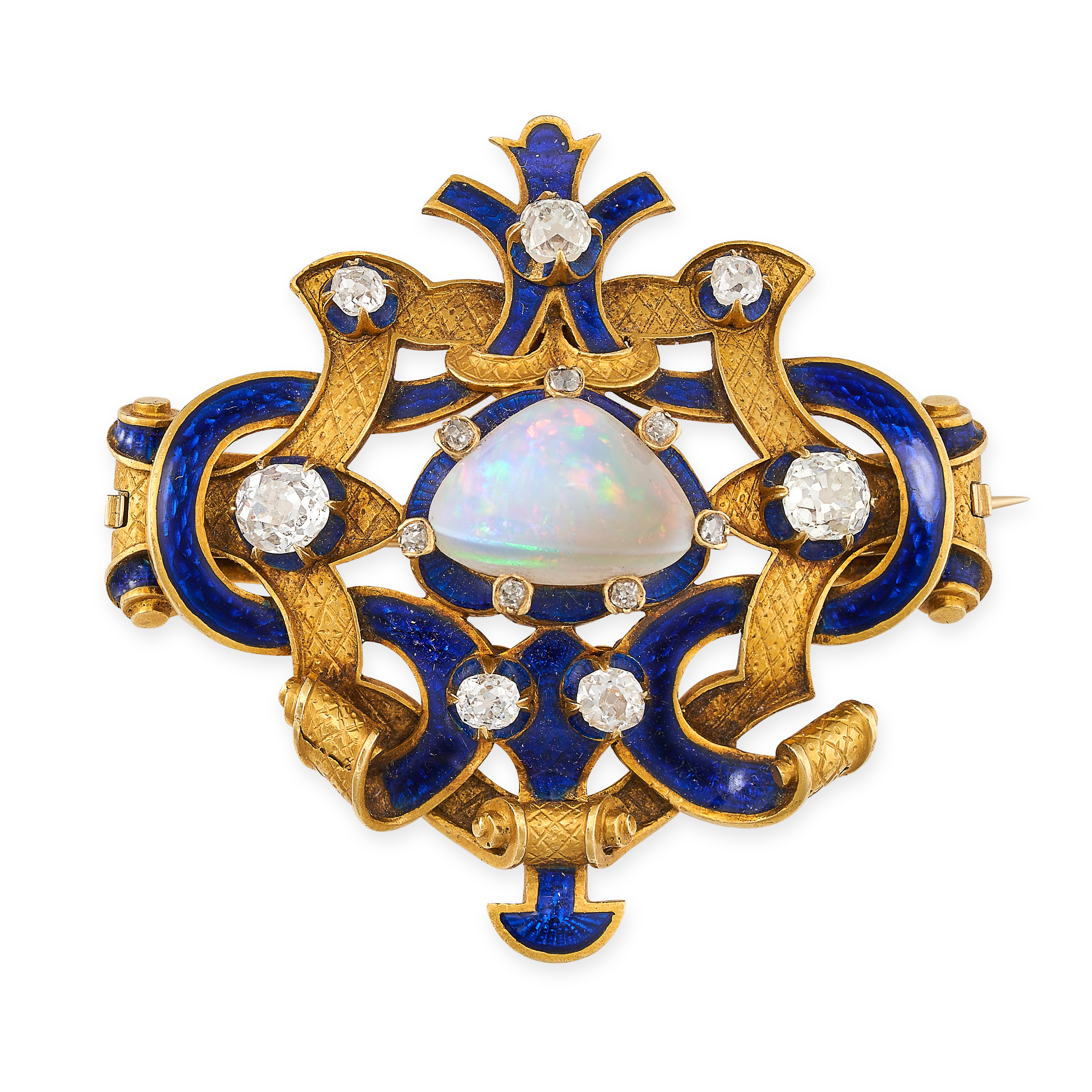 AN ANTIQUE OPAL, ENAMEL AND DIAMOND BROOCH / PENDANT in yellow gold, the scrolling body set to th... - Image 2 of 2