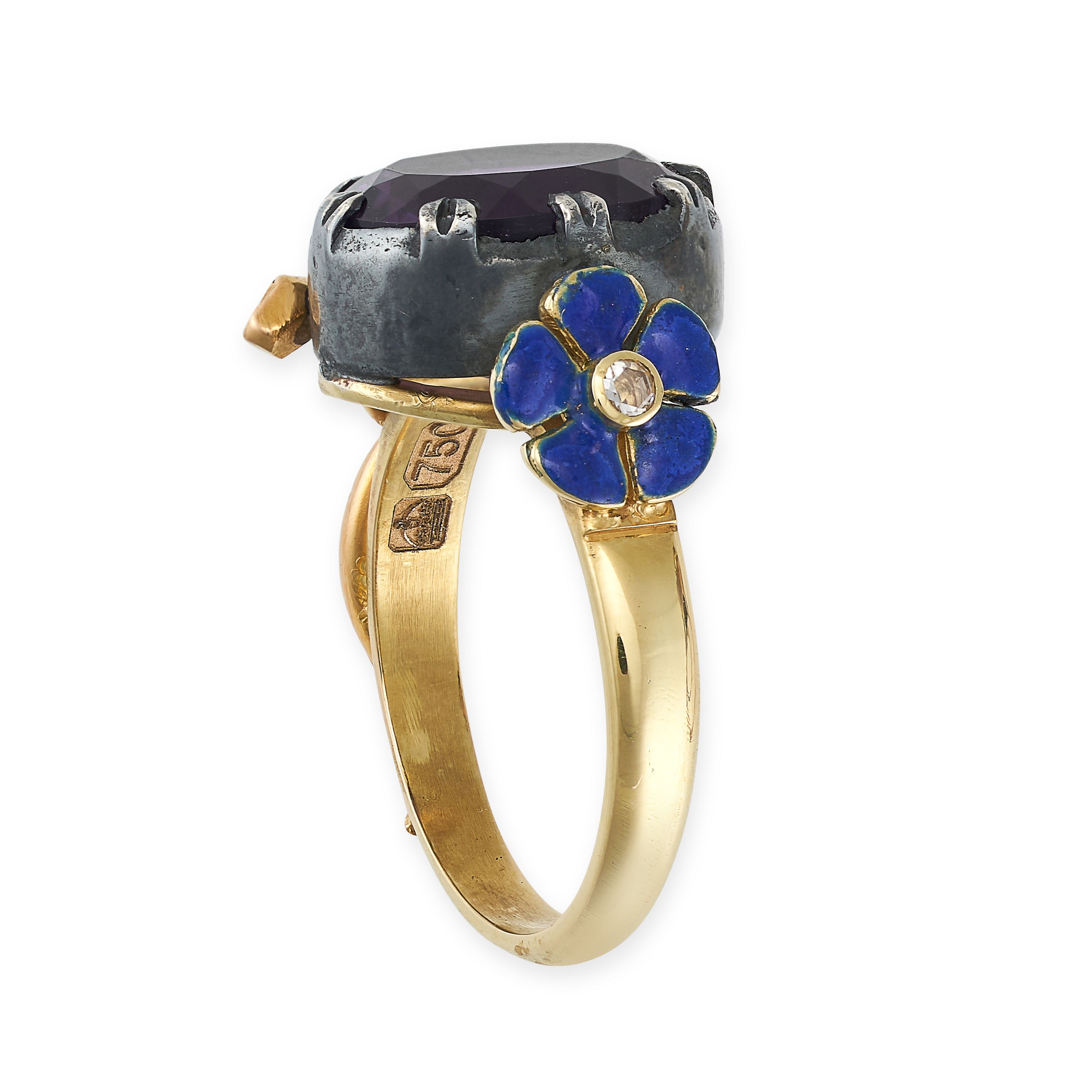 AN AMETHYST, DIAMOND AND ENAMEL RING in 18ct yellow gold and silver, set with an oval cut amethys... - Image 3 of 4