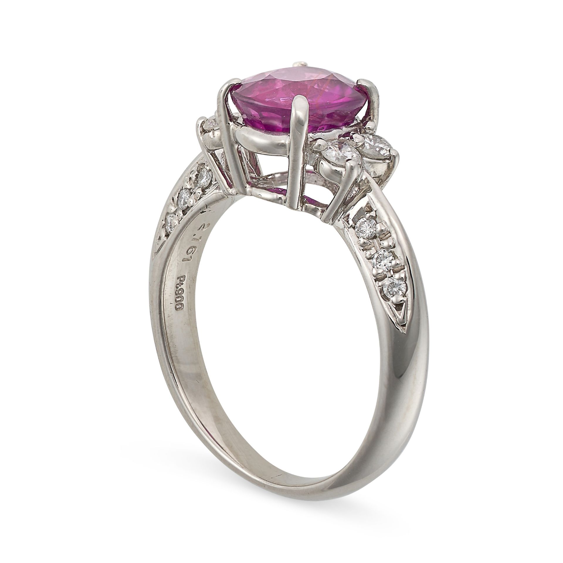 AN UNHEATED RUBY AND DIAMOND RING in platinum, set with an oval cut ruby of 2.16 carats accented ... - Image 3 of 4