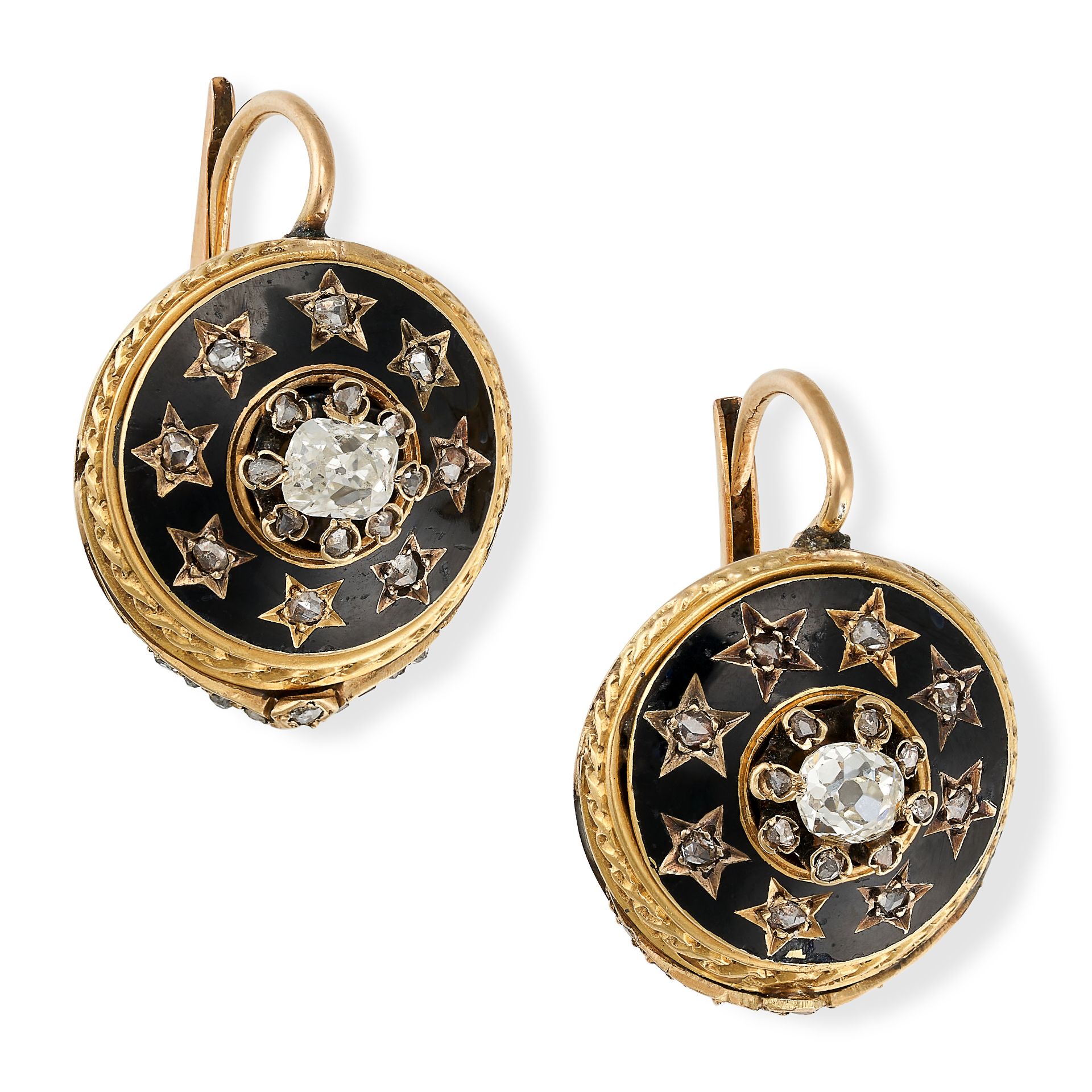 A PAIR OF ANTIQUE DIAMOND AND ENAMEL EARRINGS, 19TH CENTURY AND LATER in yellow gold, the circula...