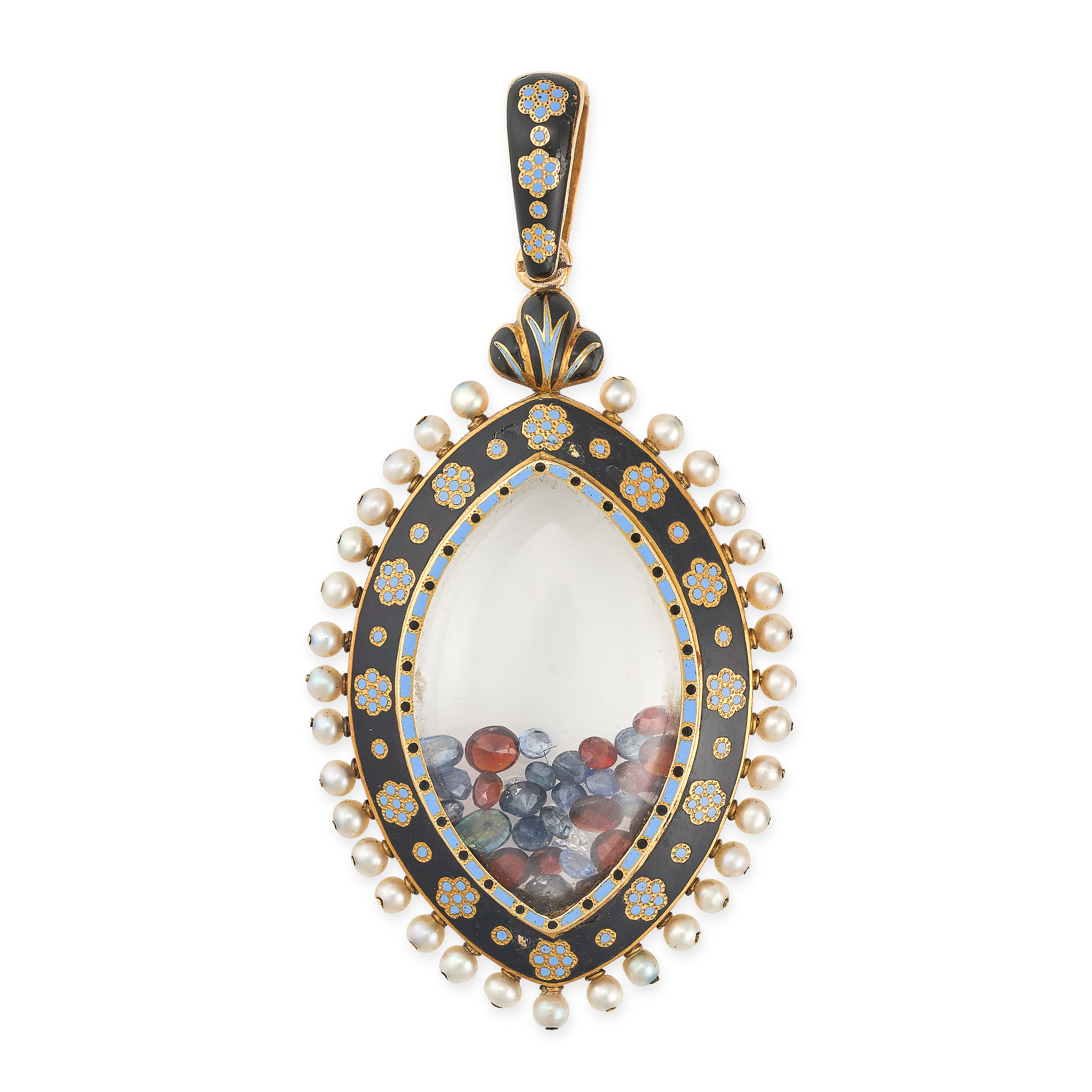 AN ANTIQUE RUBY, SAPPHIRE, DIAMOND, PEARL AND ENAMEL PENDANT, 19TH CENTURY in yellow gold, the na... - Image 2 of 2