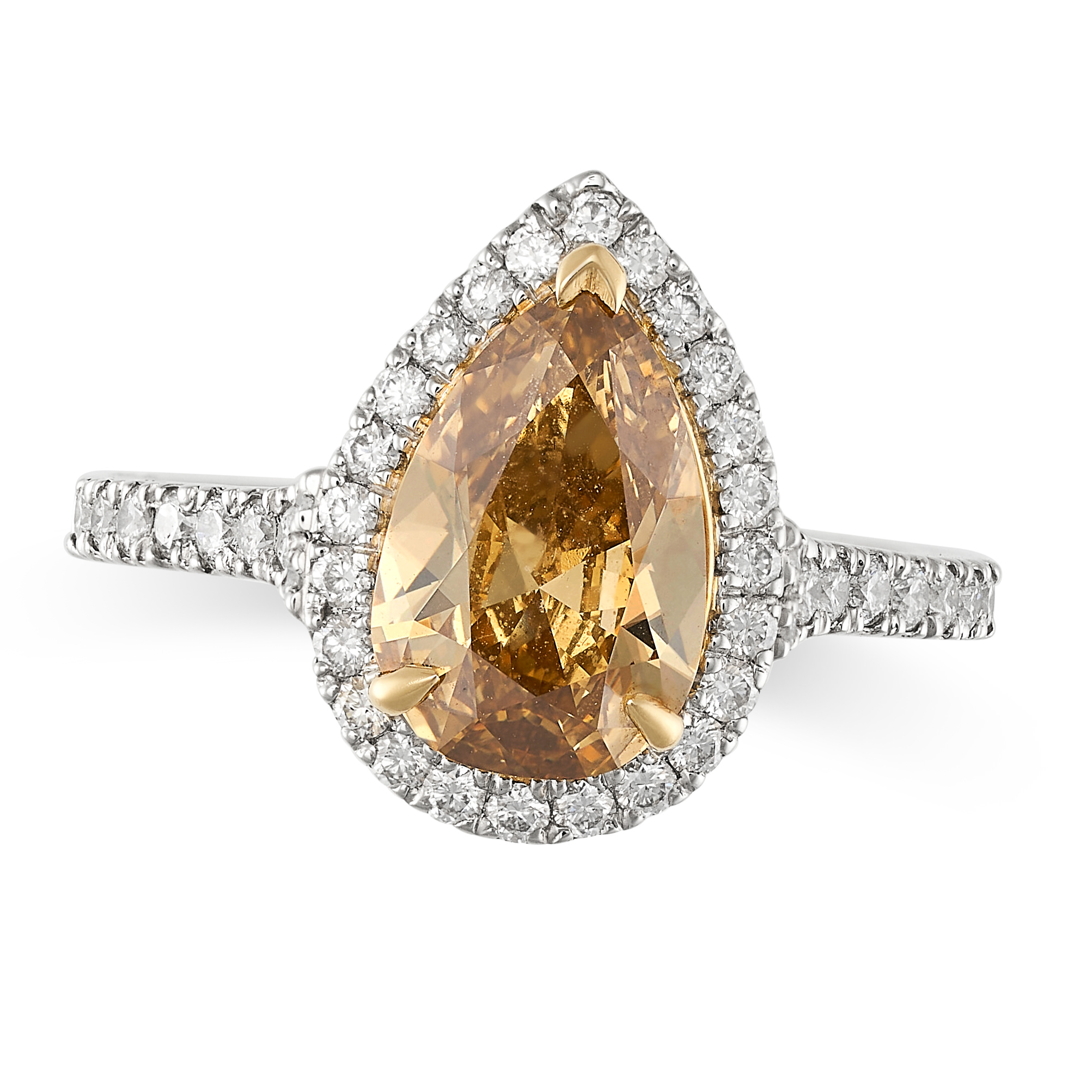 A BROWN DIAMOND RING in platinum and 18ct white gold, set with a brown pear cut diamond of 2.20 c...