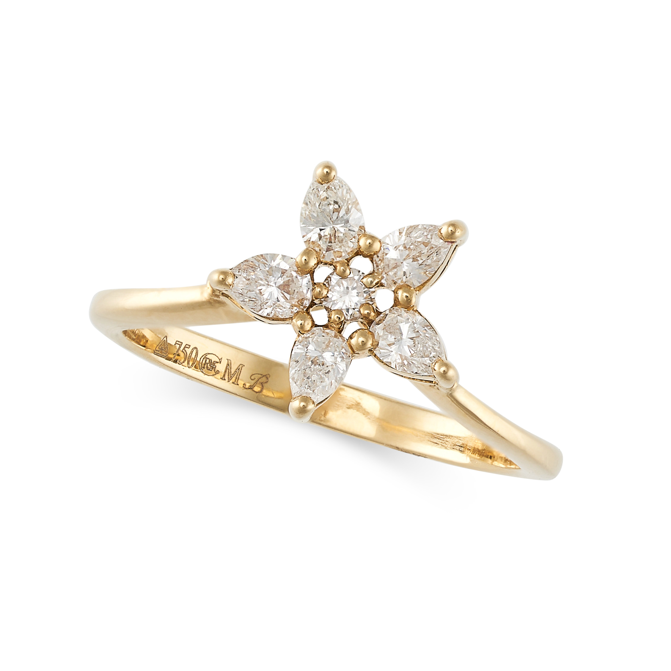 A DIAMOND RING in yellow gold, set with a round brilliant cut diamond accented by pear cut diamon... - Image 2 of 2