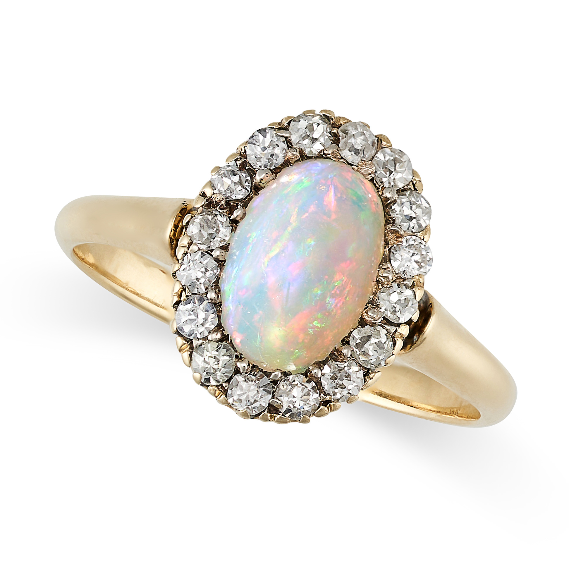 AN OPAL AND DIAMOND CLUSTER RING in 18ct yellow gold, set with an oval cabochon opal in a cluster...