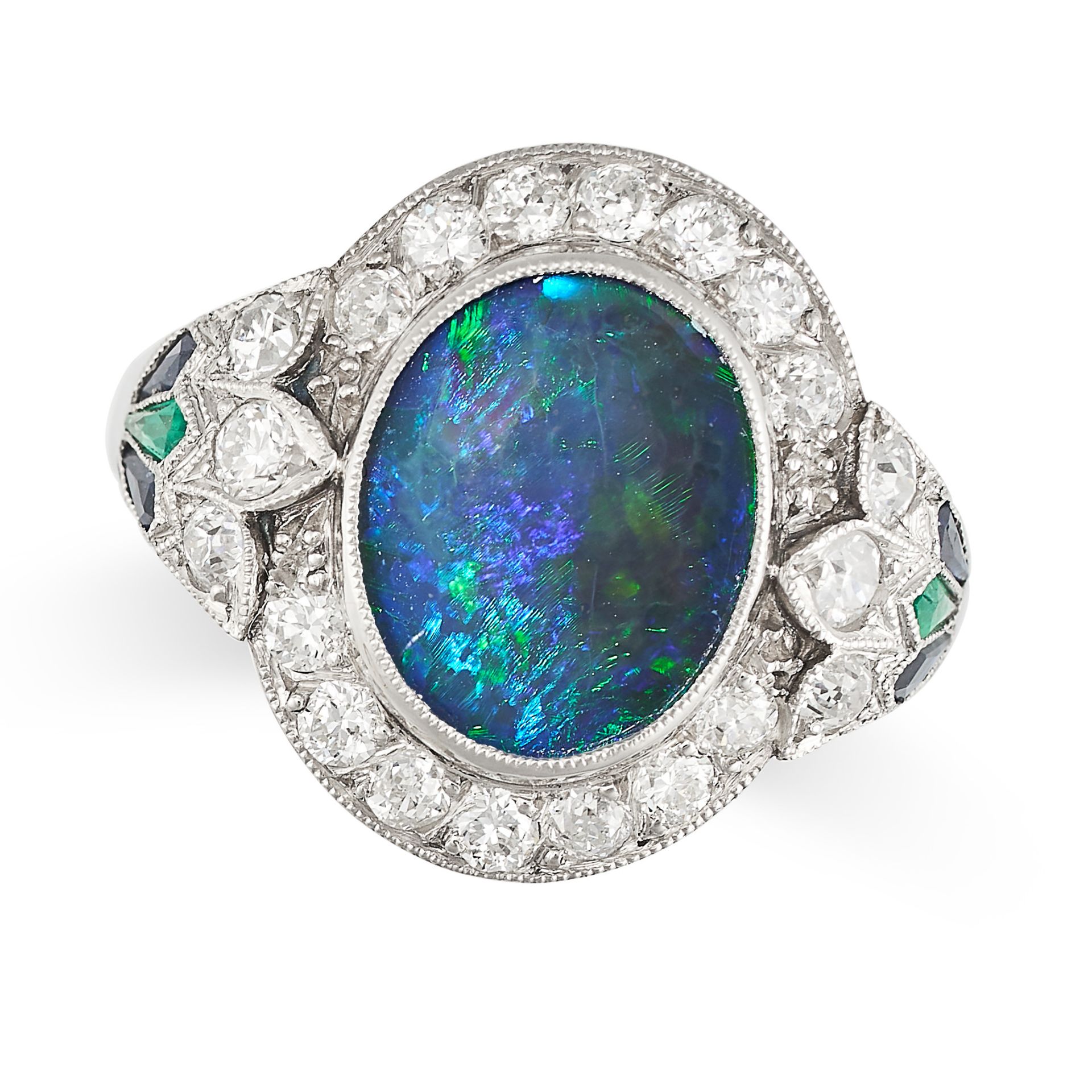 A BLACK OPAL, EMERALD, SAPPHIRE AND DIAMOND RING set with a cabochon black opal in a border of ol... - Image 2 of 4