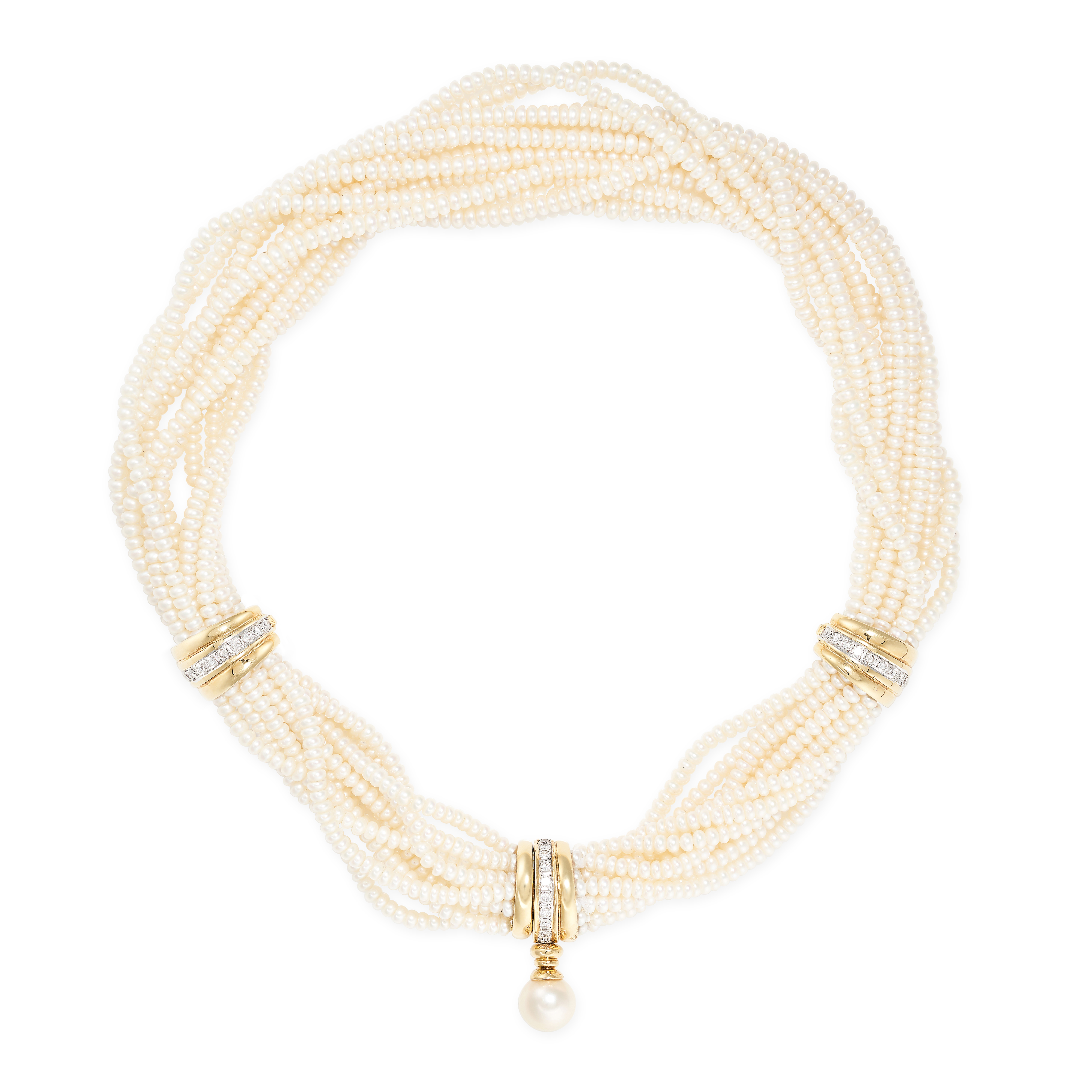 A DIAMOND AND PEARL NECKLACE in 18ct yellow gold, comprising eleven rows of cultured pearls, set ...