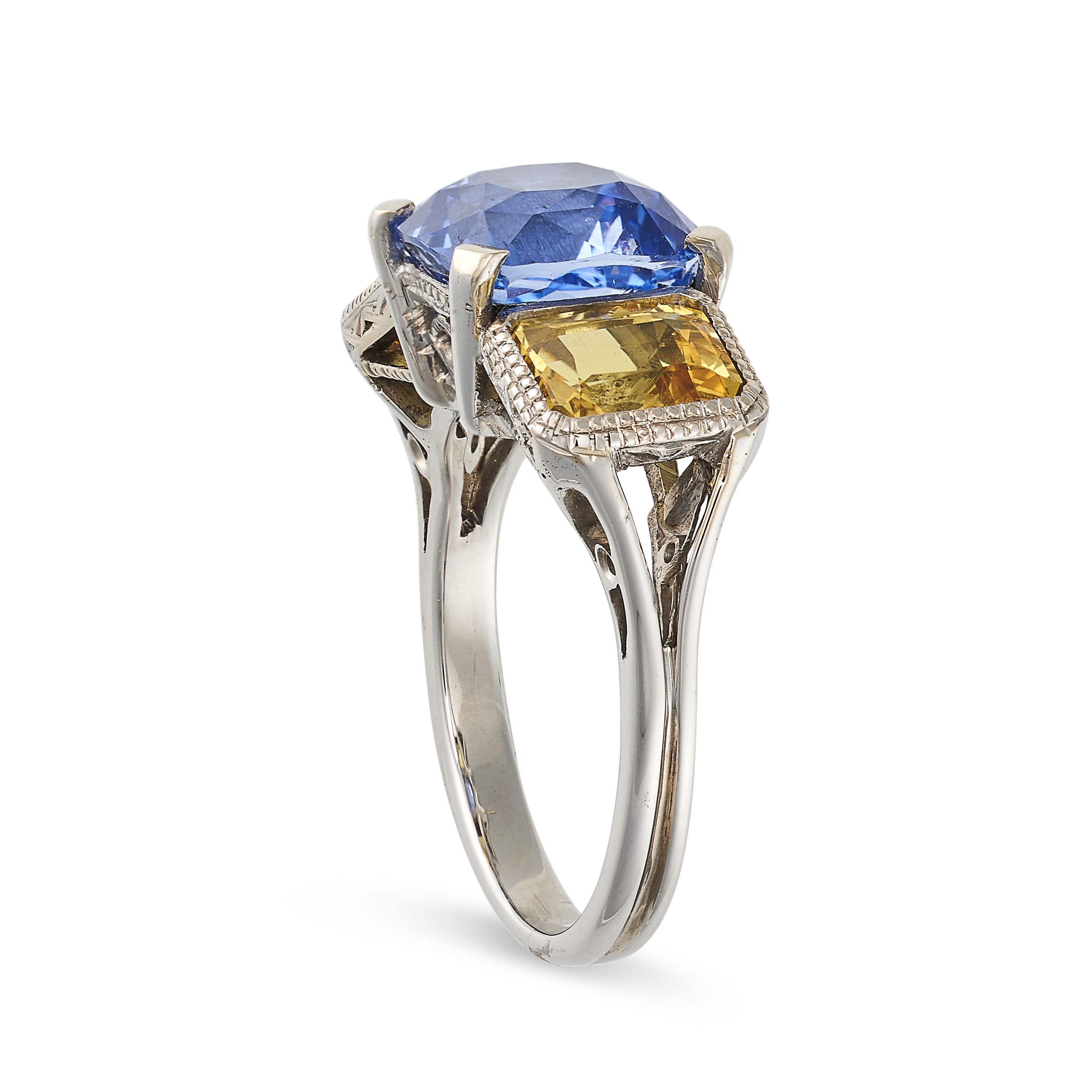 A SAPPHIRE THREE STONE RING in 18ct white gold, set with a cushion cut blue sapphire of approxima... - Image 4 of 4