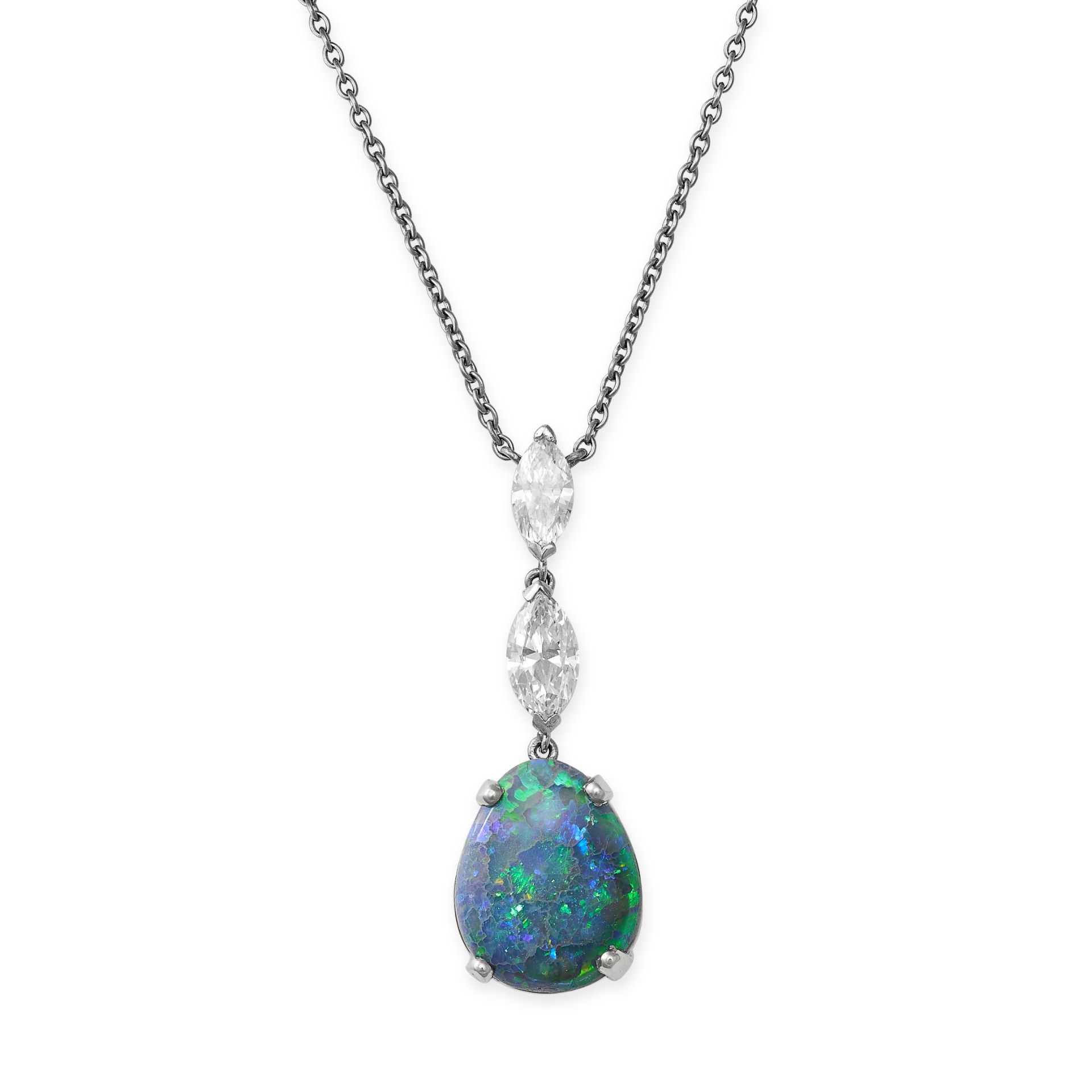 A BLACK OPAL AND DIAMOND PENDANT NECKLACE in platinum, the pendant set with two marquise cut diam...