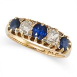 AN ANTIQUE VICTORIAN SAPPHIRE AND DIAMOND RING in 18ct yellow gold, set with a row of alternating...