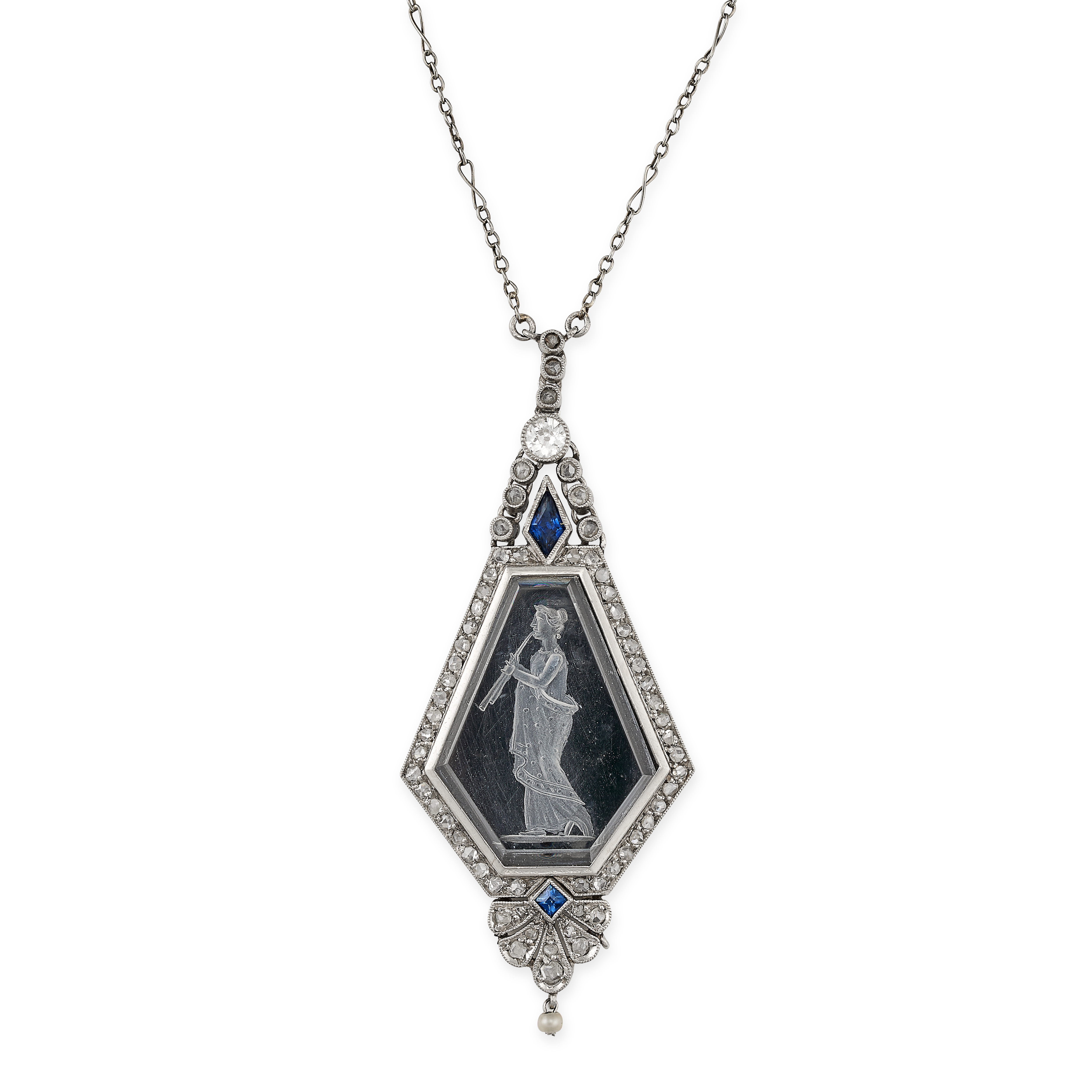 AN ANTIQUE REVERSE CARVED ROCK CRYSTAL, DIAMOND, SAPPHIRE AND PEARL PENDANT NECKLACE in platinum,... - Image 2 of 2