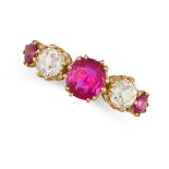 A RUBY AND DIAMOND FIVE STONE RING in yellow gold, set with round and cushion cut rubies and old ...