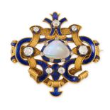 AN ANTIQUE OPAL, ENAMEL AND DIAMOND BROOCH / PENDANT in yellow gold, the scrolling body set to th...