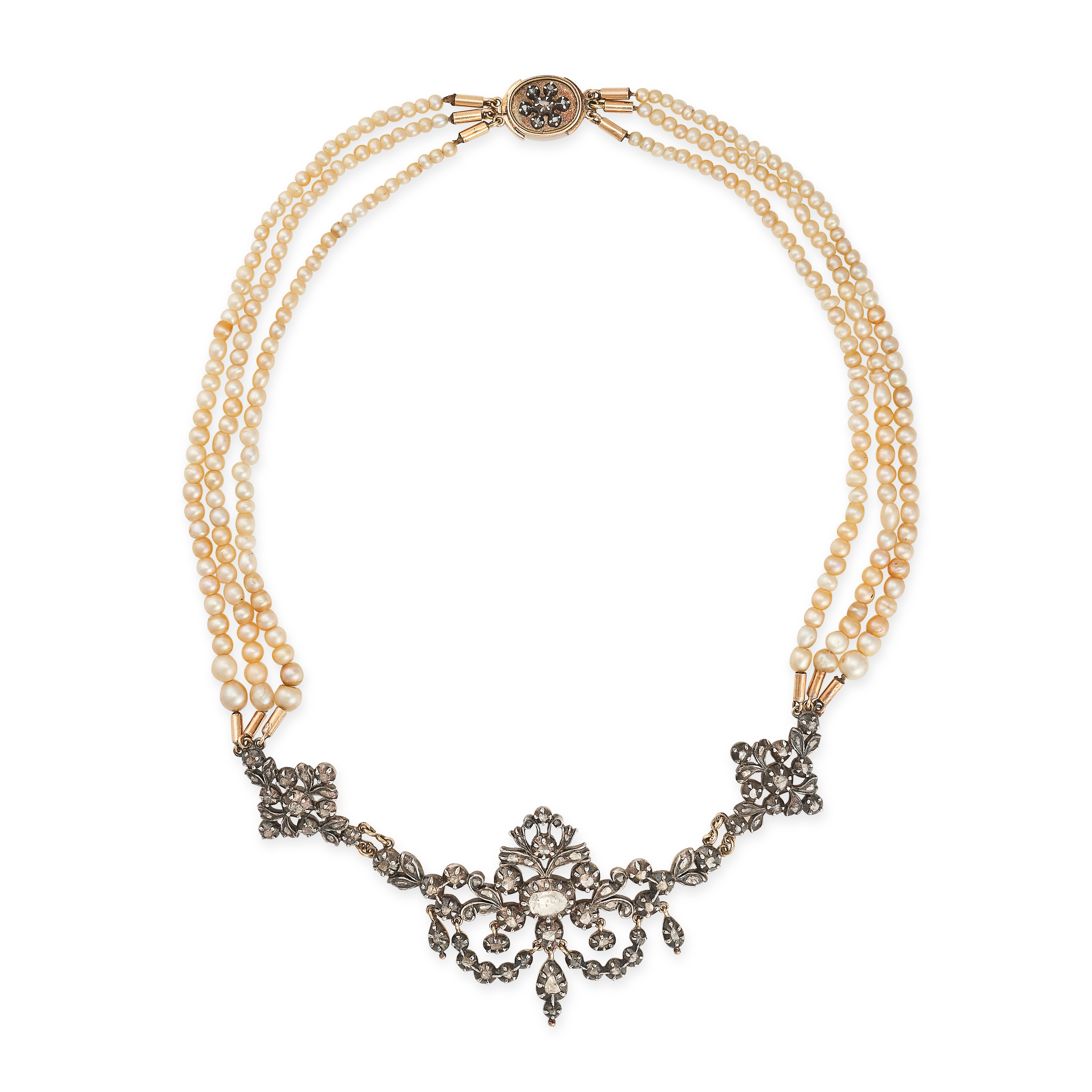 AN ANTIQUE DIAMOND AND PEARL NECKLACE, 19TH CENTURY in yellow gold and silver, comprising three r...