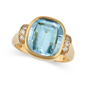 AN AQUAMARINE AND DIAMOND RING in 18ct yellow gold, set with a faceted aquamarine accented by rou...