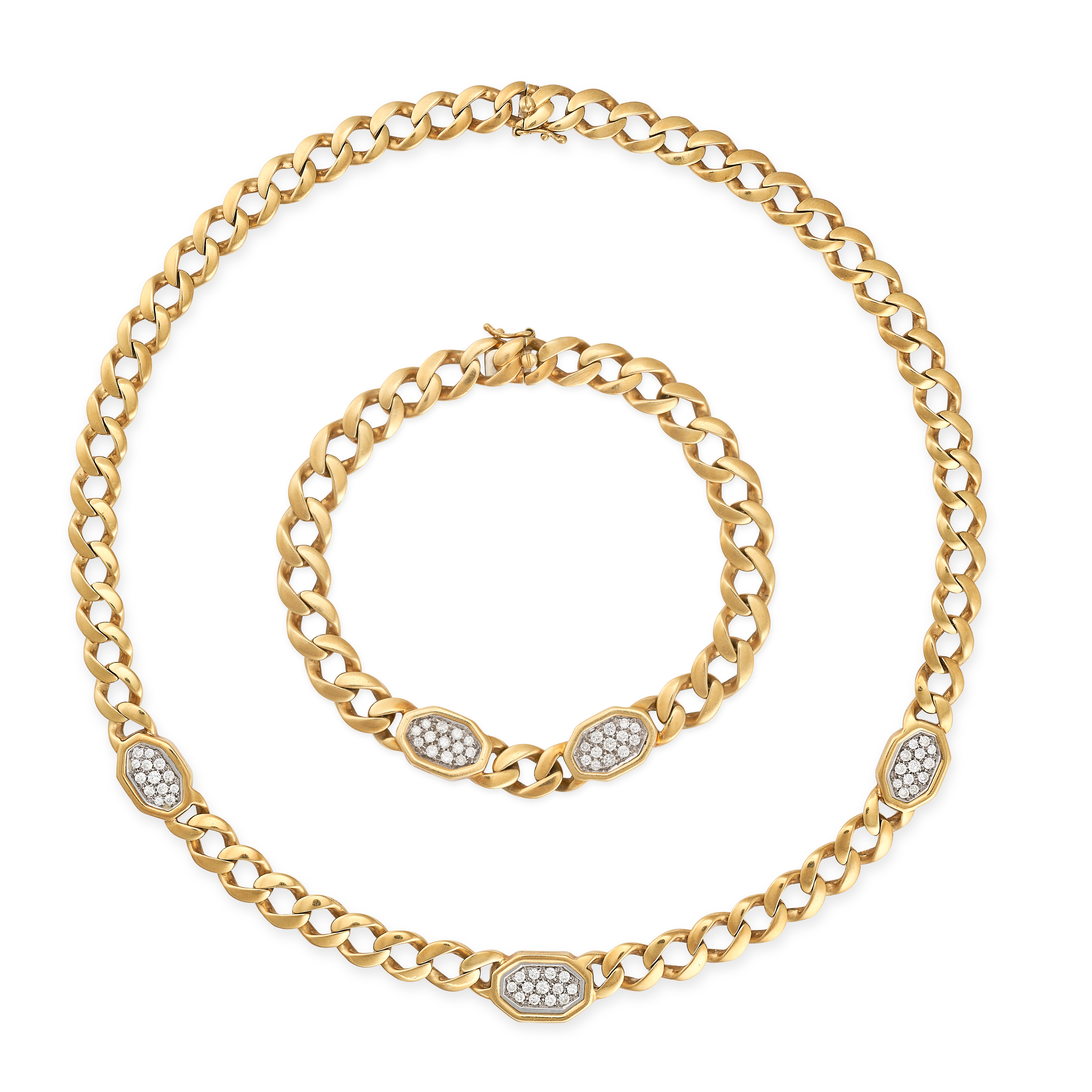 A DIAMOND NECKLACE AND BRACELET SUITE in yellow gold, each comprising a row of curb links punctua... - Image 2 of 6