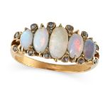 AN ANTIQUE OPAL FIVE STONE RING in yellow gold, set with a row of five graduated cabochon opals a...