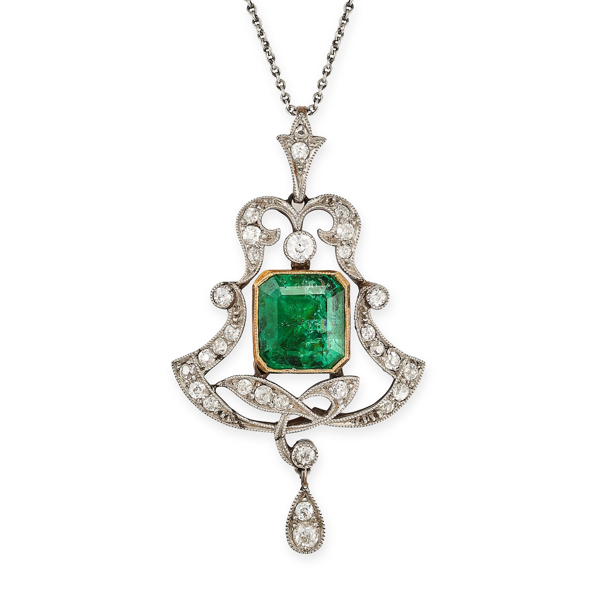 AN ANTIQUE EMERALD AND DIAMOND PENDANT NECKLACE, the pendant set with an octagonal cut emerald to...