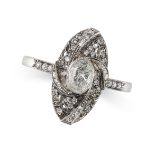 A DIAMOND RING in white gold, set with an oval cut diamond of 0.42 carats accented by round cut d...