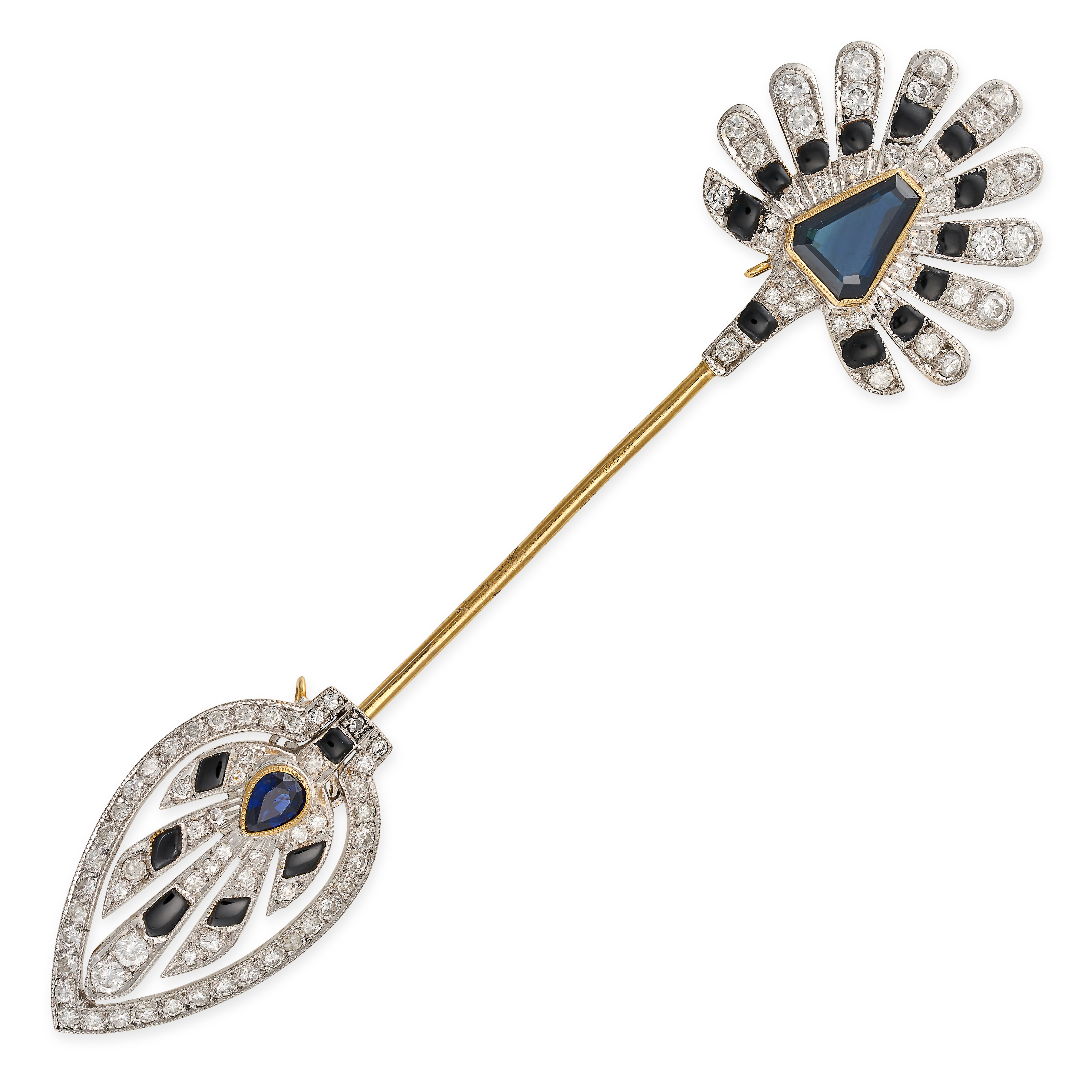 A SAPPHIRE, ONYX AND DIAMOND JABOT PIN BROOCH in 18ct yellow gold, designed as an arrow set with ...