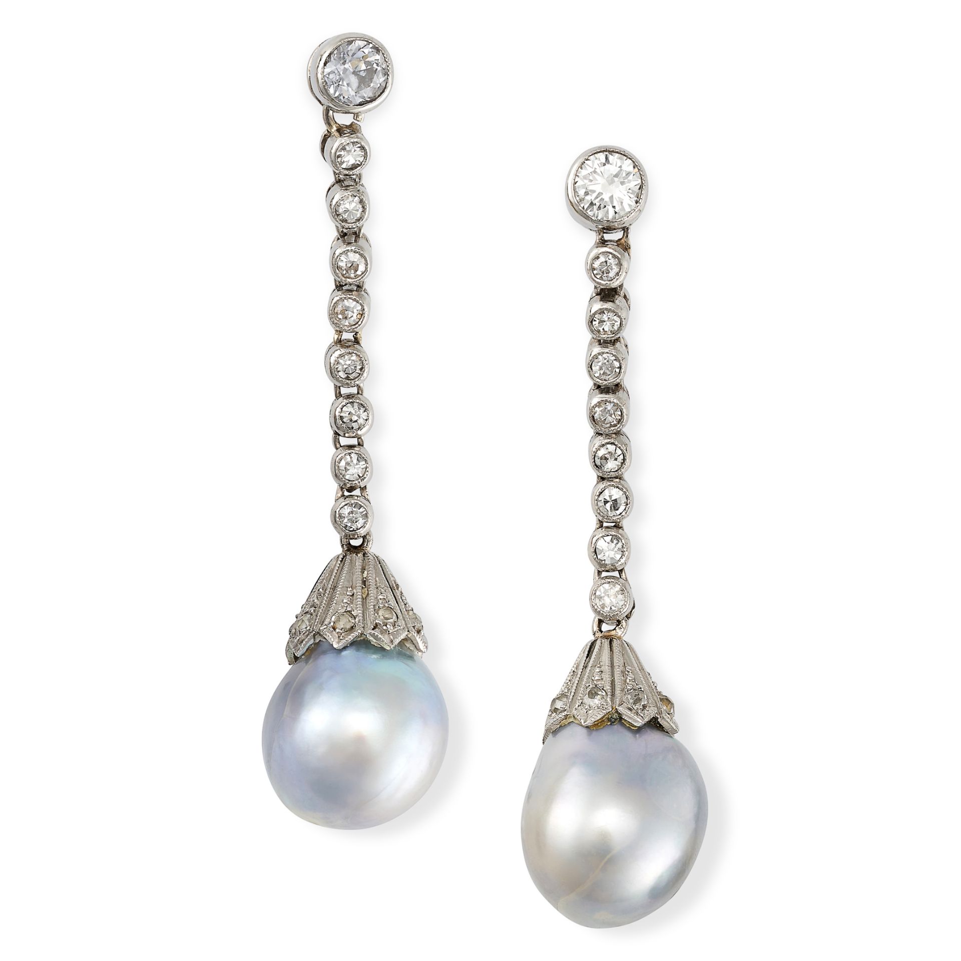 A PAIR OF DIAMOND AND PEARL DROP EARRINGS in white gold, each comprising an articulated row of ro... - Image 2 of 2