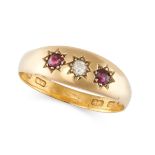 AN ANTIQUE VICTORIAN RUBY AND DIAMOND GYPSY RING in yellow gold, set with an old cut diamond and ...