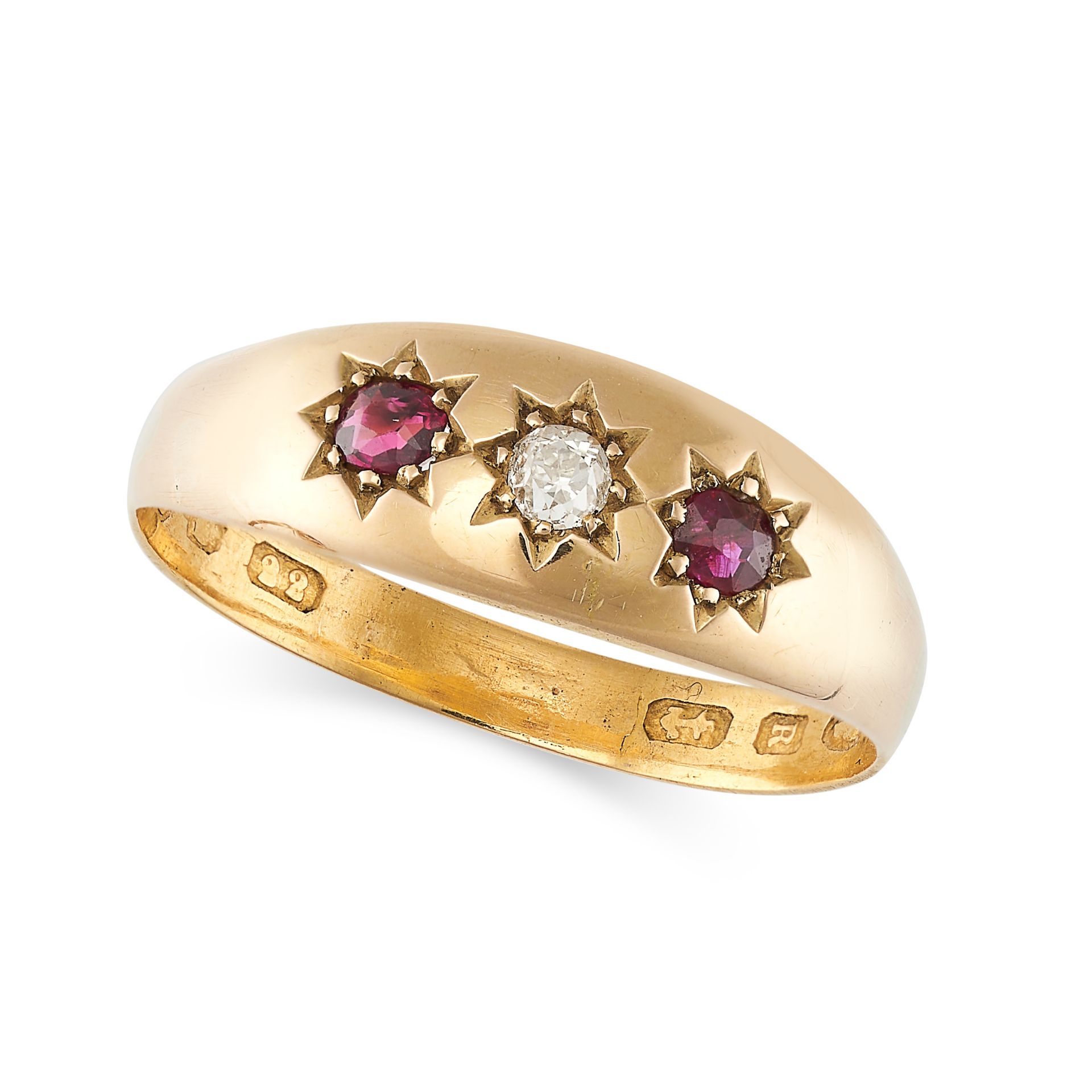 AN ANTIQUE VICTORIAN RUBY AND DIAMOND GYPSY RING in yellow gold, set with an old cut diamond and ...