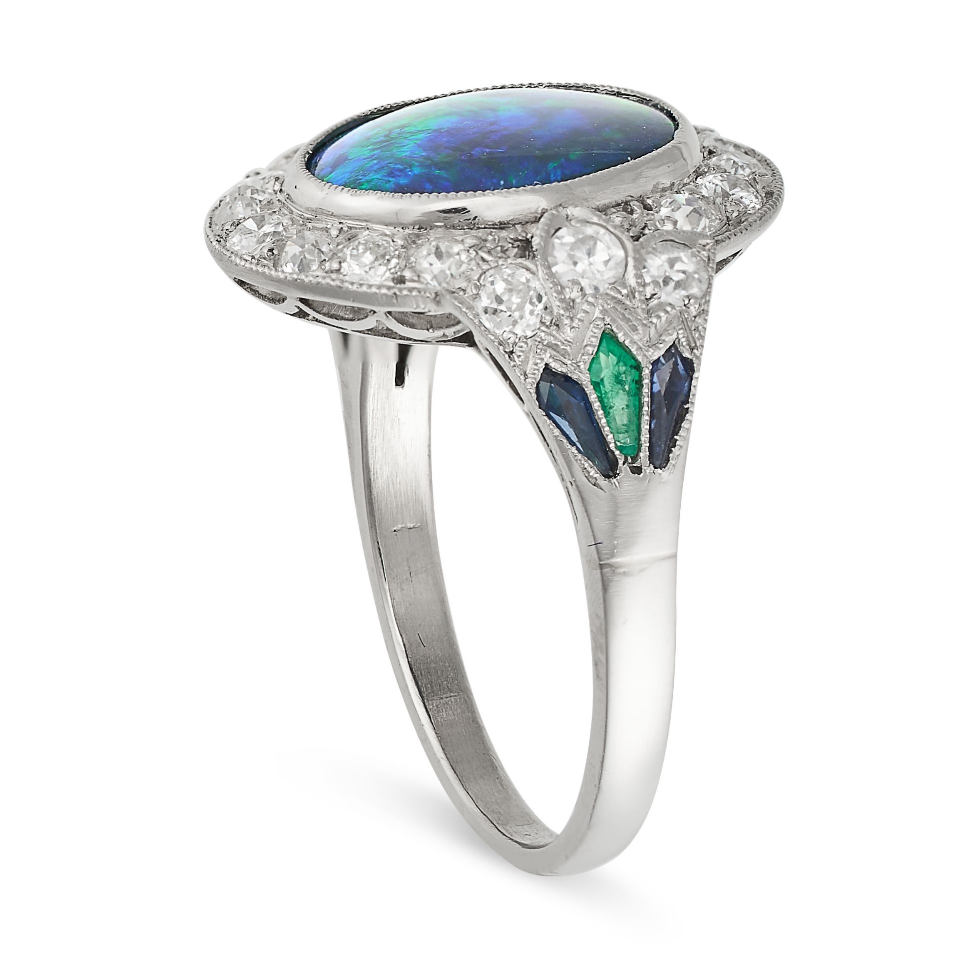 A BLACK OPAL, EMERALD, SAPPHIRE AND DIAMOND RING set with a cabochon black opal in a border of ol... - Image 4 of 4