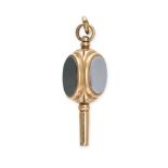 AN ANTIQUE CHALCEDONY, BLOODSTONE AND ONYX WATCH KEY PENDANT in yellow gold, the swiveling body s...
