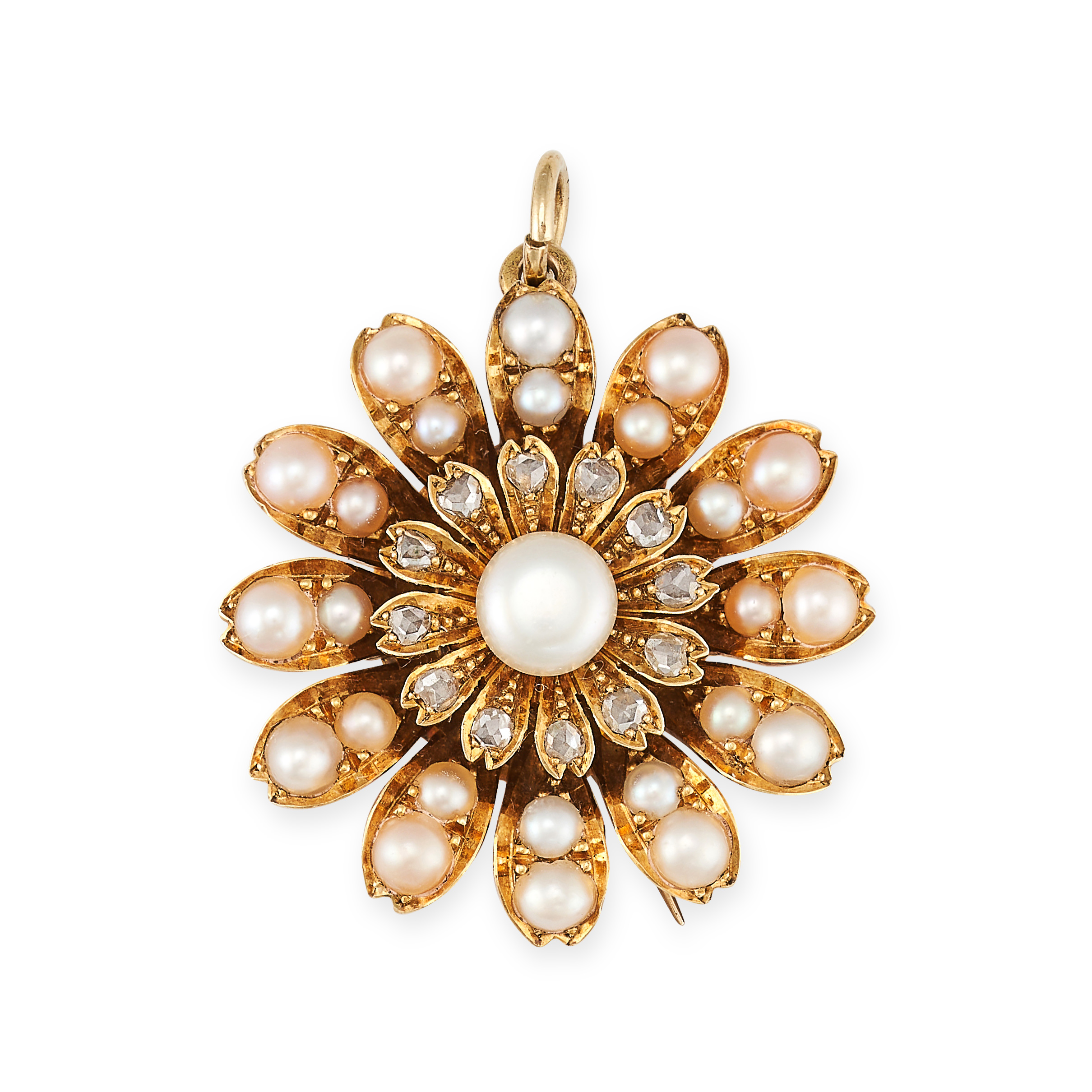 AN ANTIQUE PEARL AND DIAMOND BROOCH / PENDANT in yellow gold, designed as a flower set with pearl... - Image 2 of 2