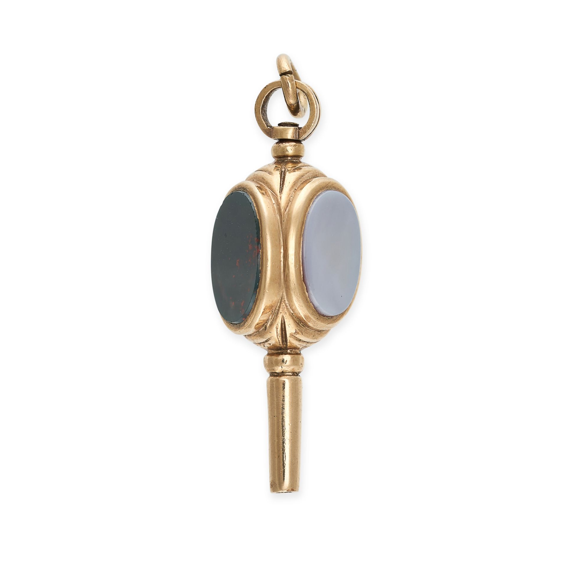AN ANTIQUE CHALCEDONY, BLOODSTONE AND ONYX WATCH KEY PENDANT in yellow gold, the swiveling body s... - Image 2 of 2