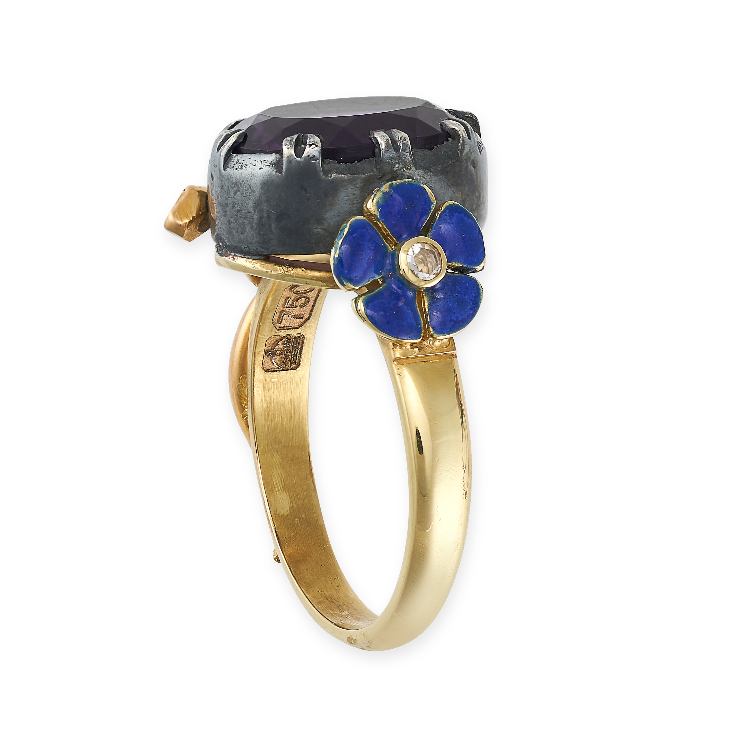 AN AMETHYST, DIAMOND AND ENAMEL RING in 18ct yellow gold and silver, set with an oval cut amethys... - Image 4 of 4