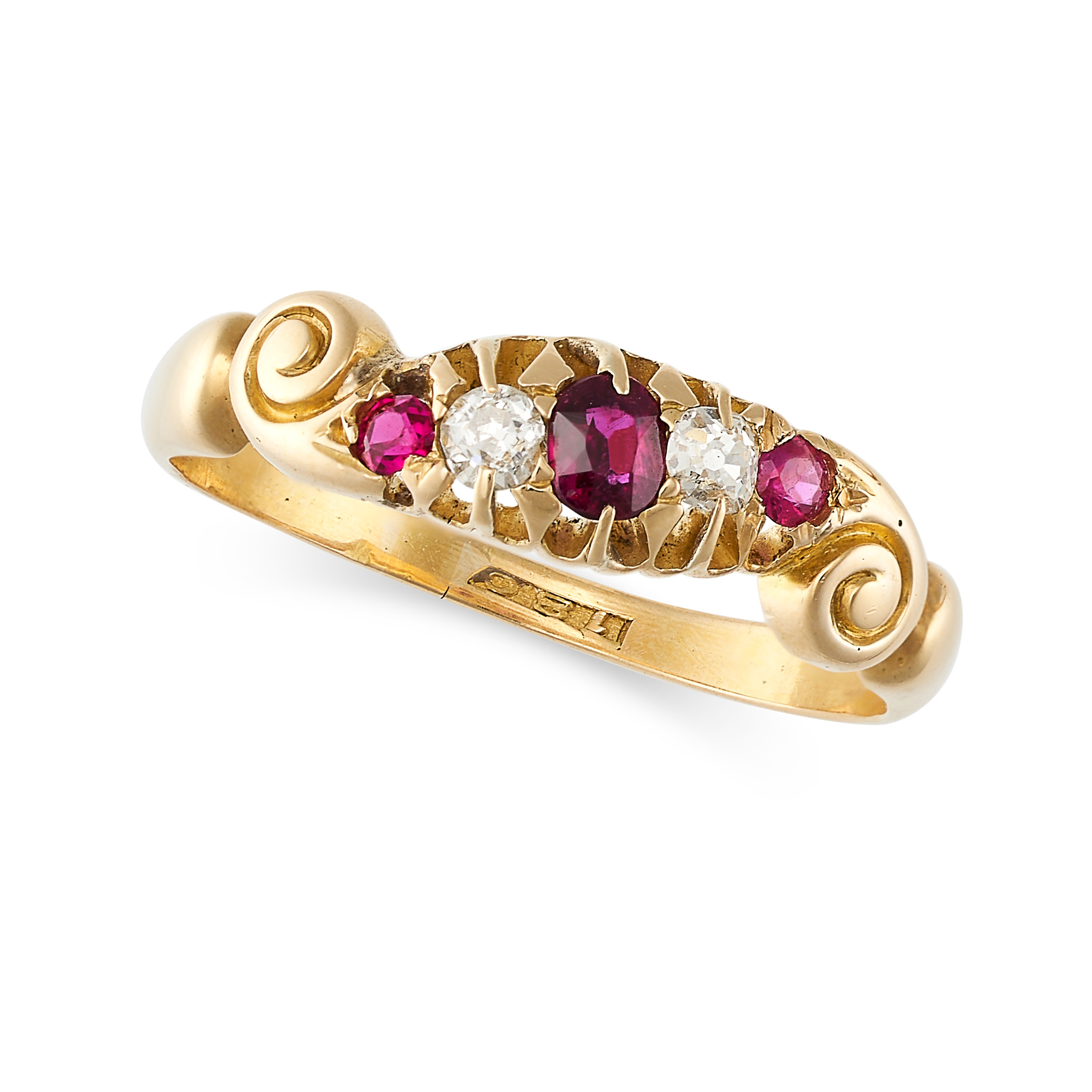 AN ANTIQUE RUBY AND DIAMOND RING in 18ct yellow gold, set with oval and round cut rubies and old ...