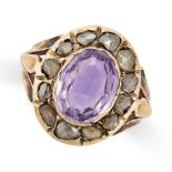 AN AMETHYST AND DIAMOND CLUSTER RING set with an oval mixed cut amethyst in a cluster of rose cut...