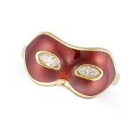A DIAMOND AND ENAMEL MASQUERADE MASK RING in 18ct yellow gold, designed as a masquerade mask deco...