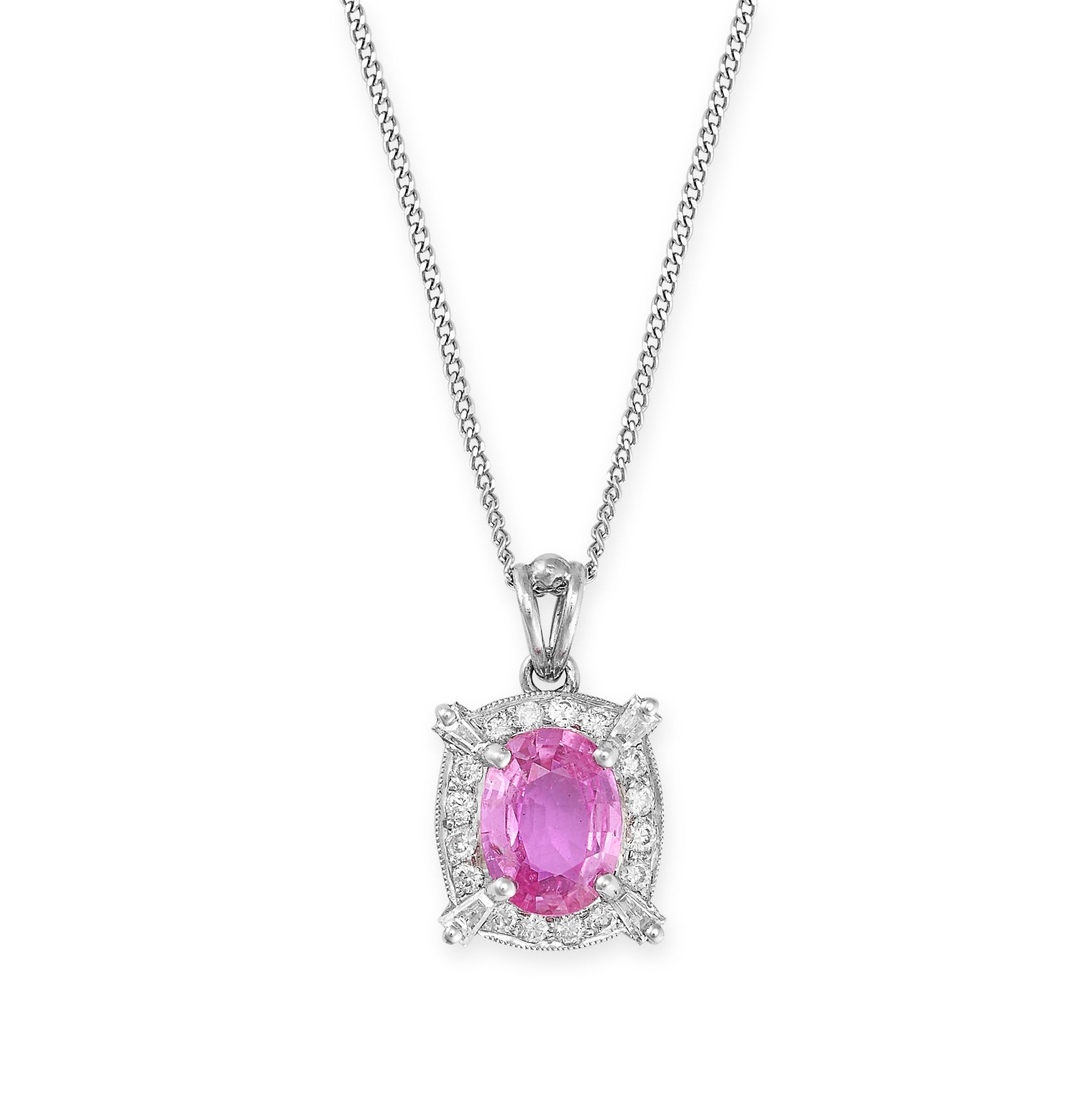 A PINK SAPPHIRE AND DIAMOND PENDANT NECKLACE in 18ct white gold, the pendant set with an oval cut... - Image 2 of 2